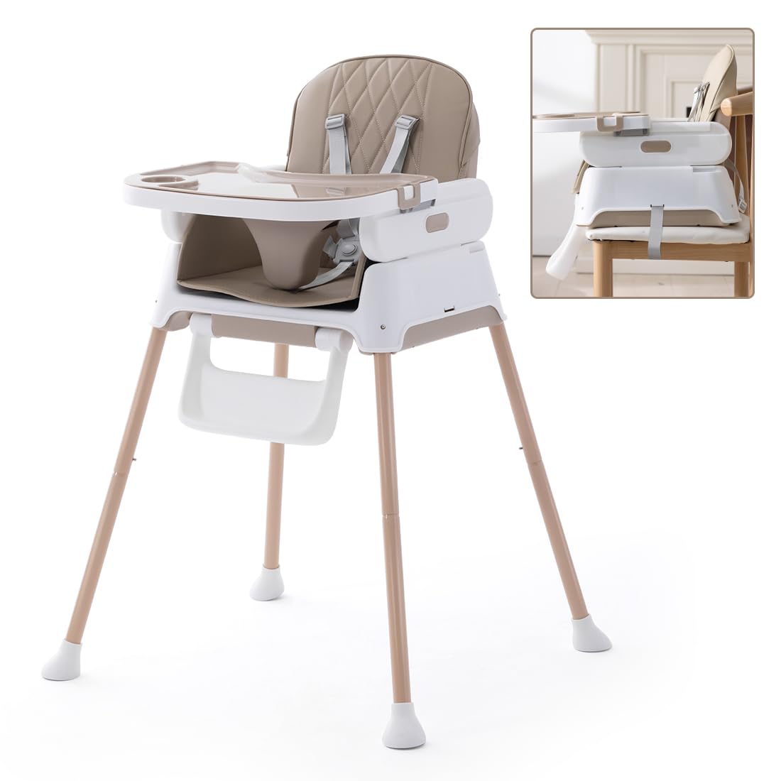 3 in 1 Adjustable Baby High Chair - Convertible Infant Feeding Chair with Detachable Tray & 5-Point Safety Harness | Khaki Color | Perfect for Home Dining, Kitchen & Travel Use