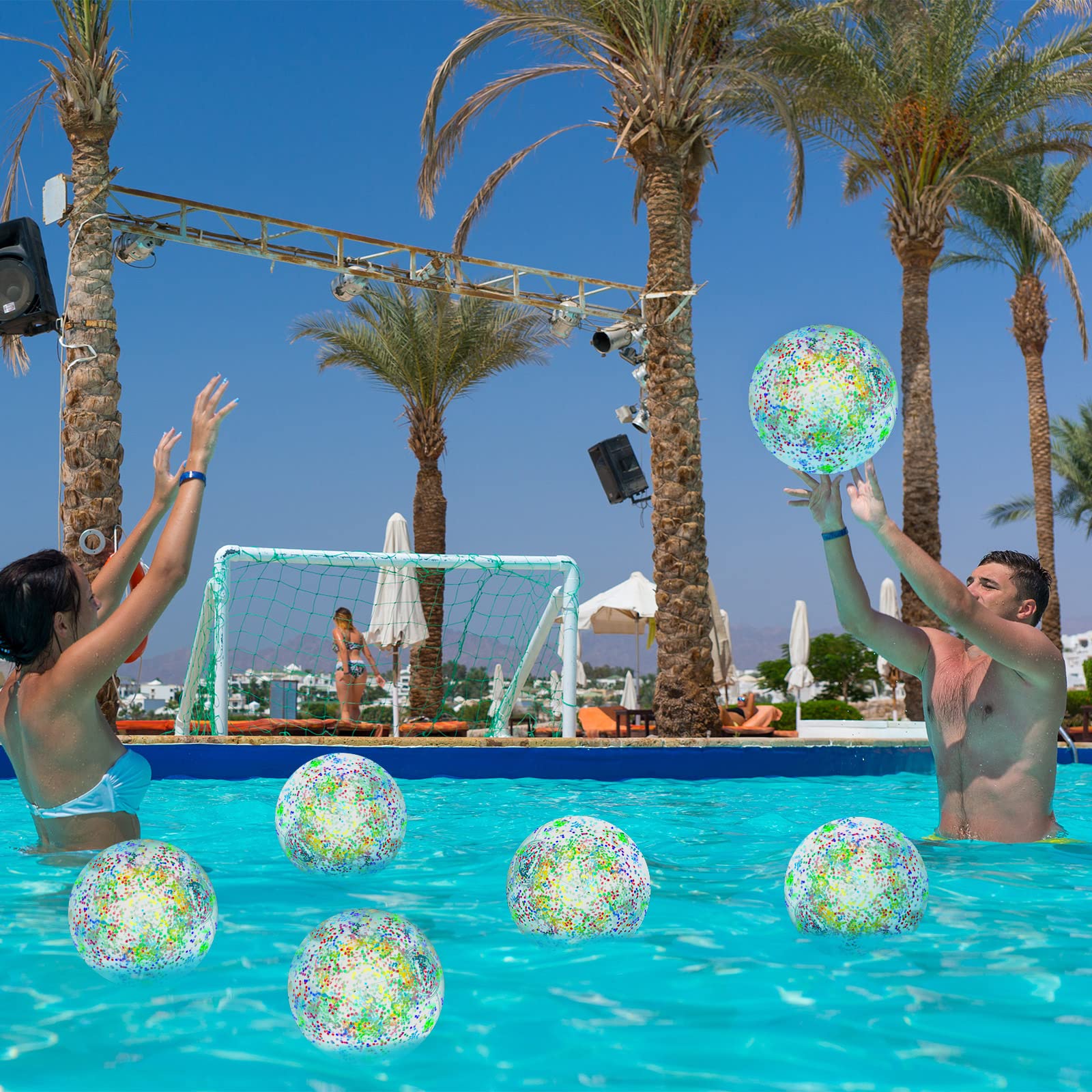 16 Pack LED Light Up Beach Balls with Confetti Glitters - 9 Inch Inflatable Glow in The Dark Pool Toys for Summer Parties, Teens & Adults - Perfect for Night Swimming, Pool Parties & Beach Events (Colorful)