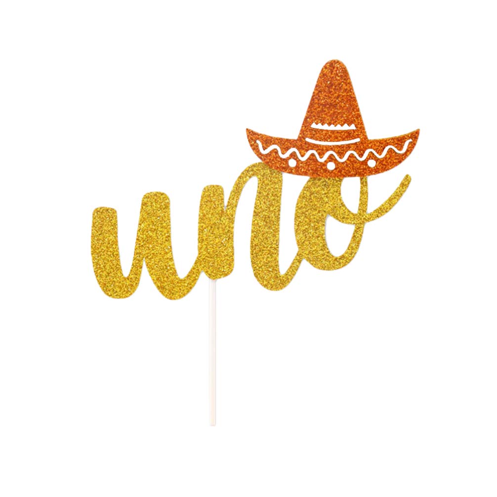 Amosfun 24pcs UNO Mexican Fiesta Sombrero 1st Birthday Cake Toppers - Gold & Orange Hat Cupcake Decorations for Mexican Themed Parties, Baby Showers & Cinco de Mayo Celebrations