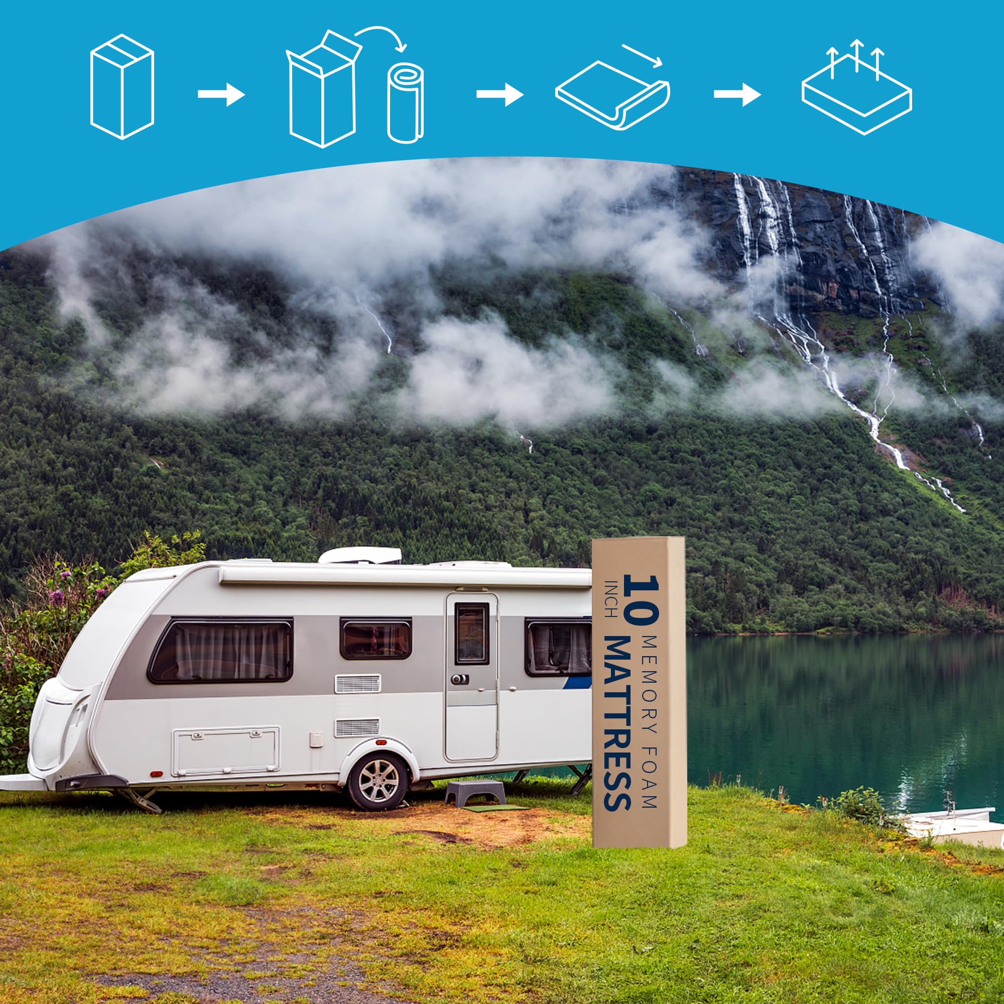 10 Inch King RV Mattress - Green Tea Memory Foam for RVs, Campers & Trailers | Medium Firm Gel-Infused Pressure Relief Mattress with White Cover | Bed in a Box | Made in USA | Perfect for Road Trips & Outdoor Adventures