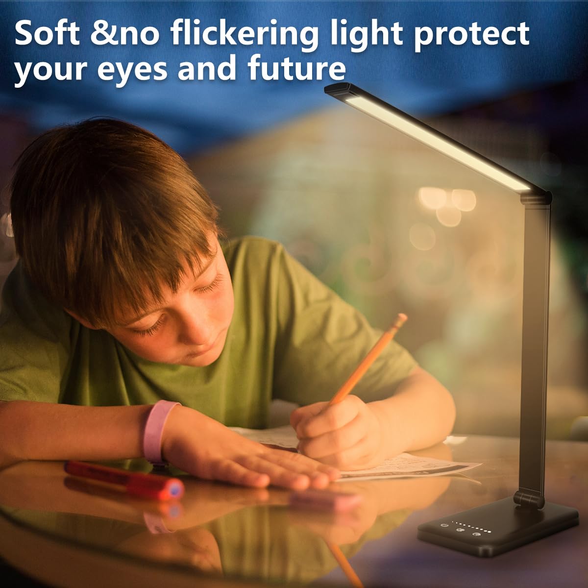 Dimmable LED Desk Lamp with USB Charging Port - 5 Lighting Modes, Touch Control & 30/60 Min Timer - White Crown Reading Light for Office, Study, Bedroom (Black, 1st Gen)