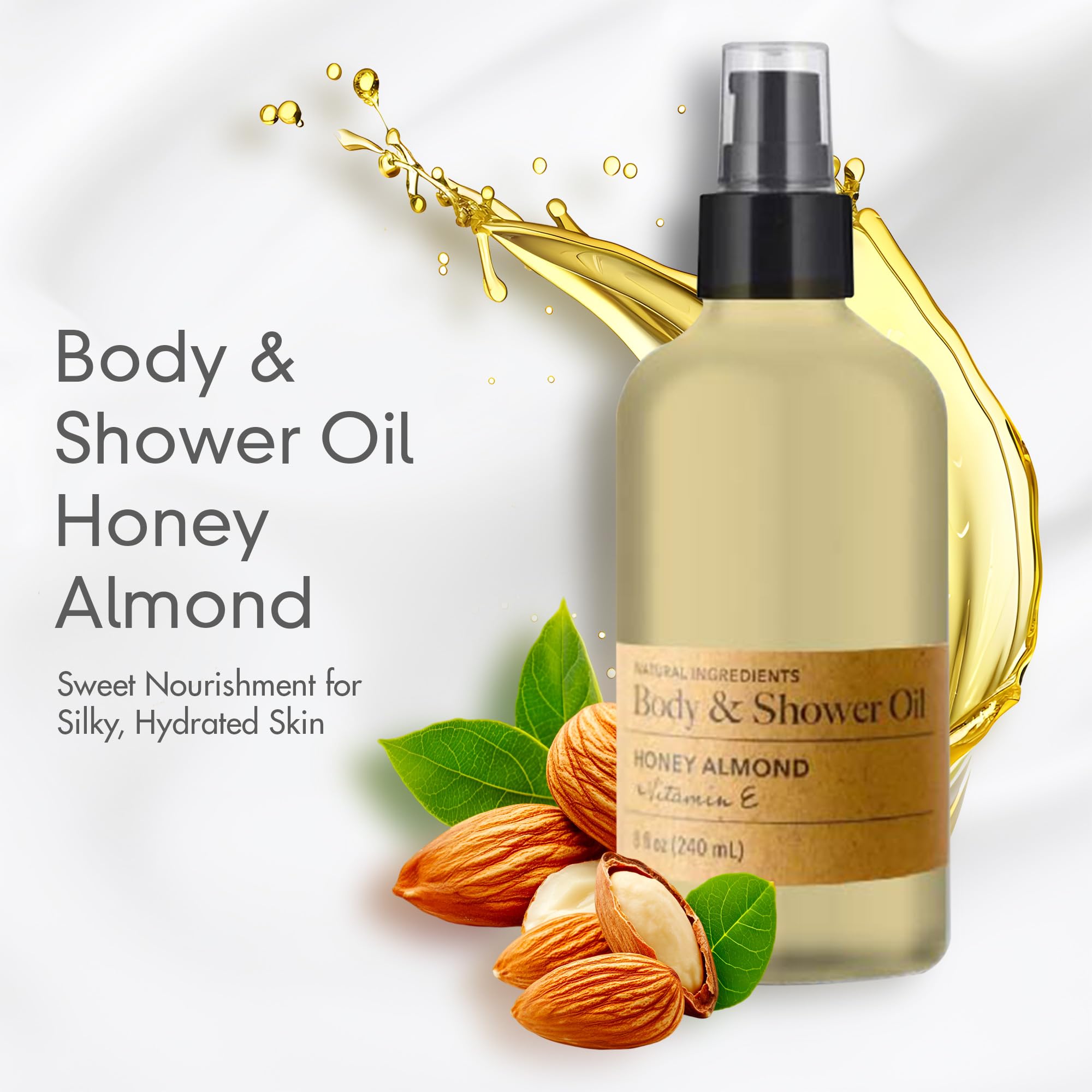 Olivia Care Nourishing Honey Almond Body Oil with Vitamin E - 8 Fl Oz - Hydrating Moisturizer for Dry Skin - In-Shower & Post-Shower Use - Perfect for Massage, Stretch Marks & All Skin Types