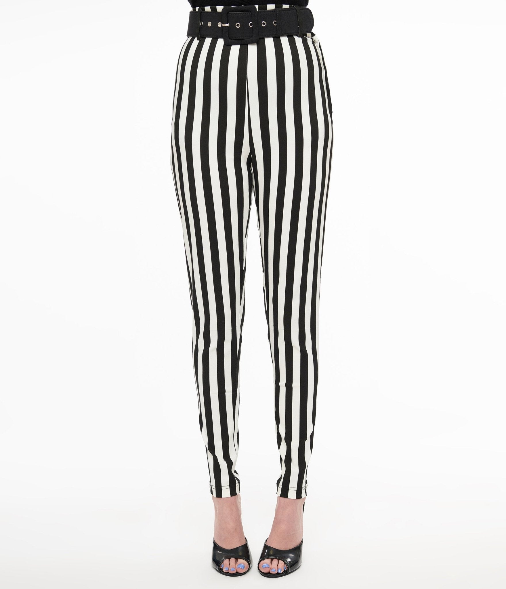 Vintage Black & White Striped High Waist Belted Cigarette Pants for Women - Retro 50s Style Slim Fit Trousers for Office, Date Night & Casual Outfits