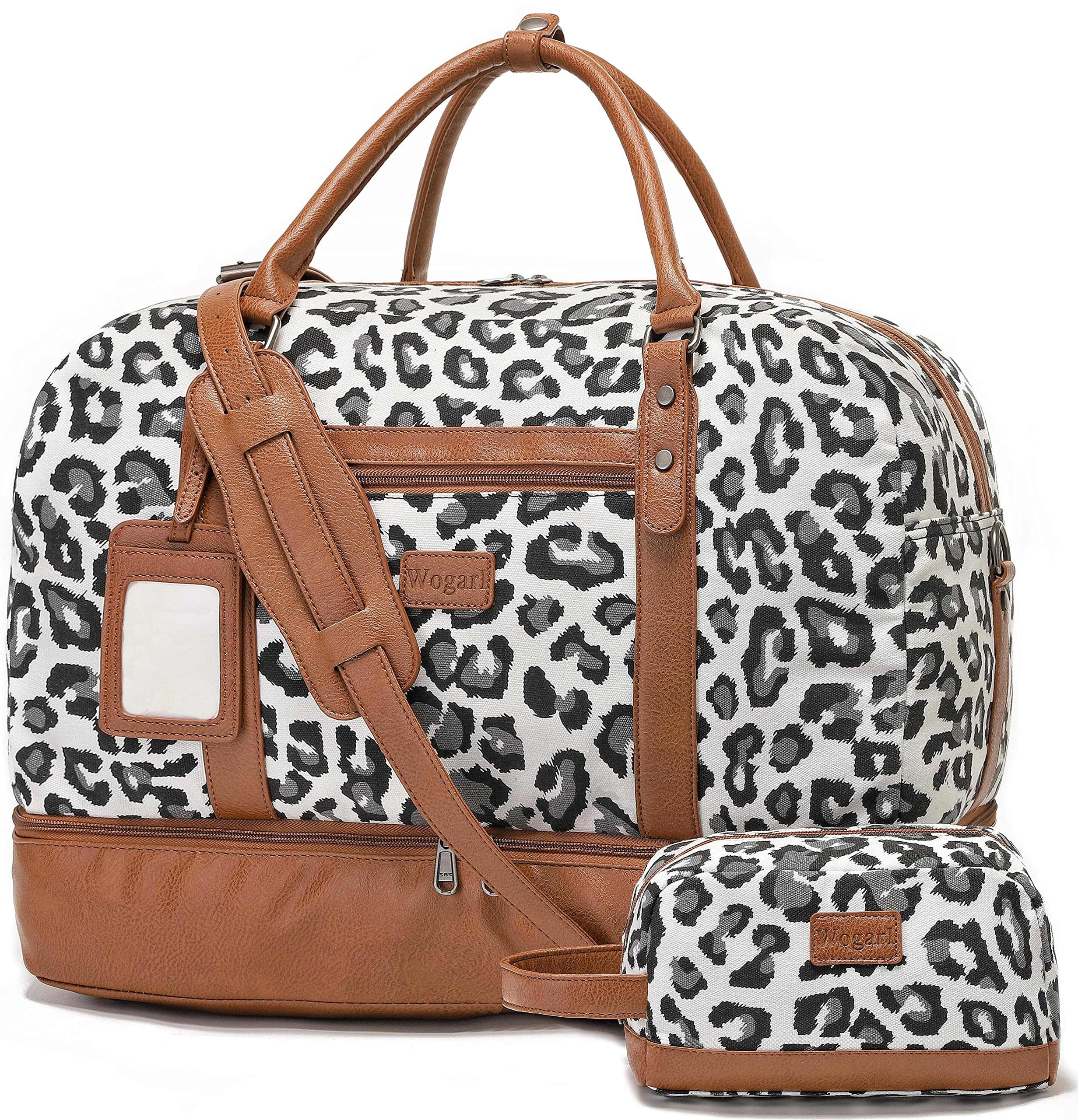 Wogarl Women's Large Canvas Weekender Bag - Overnight Travel Duffel with Shoe Compartment, Carry-On Shoulder Tote for Weekend Getaways, Business Trips & Daily Use (Brown Leopard Print) | Perfect for Air Travel, Gym, Beach & Overnight Stays