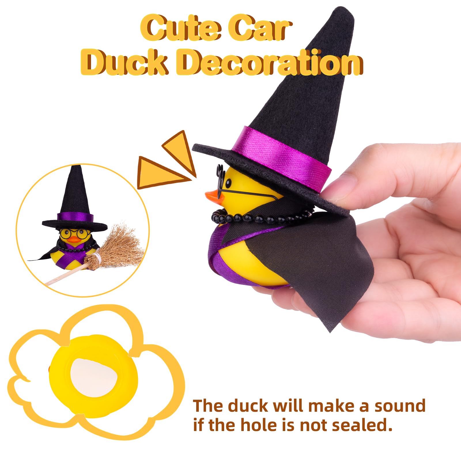 Funny Car Rubber Duck Ornament with Mini Witch Hat, Sunglasses & Necklace - Cute Dashboard Decor for Winter & Halloween - Perfect Gift for Car Lovers & Duck Collectors (Great for Office Desk, Party Favors & Themed Events)