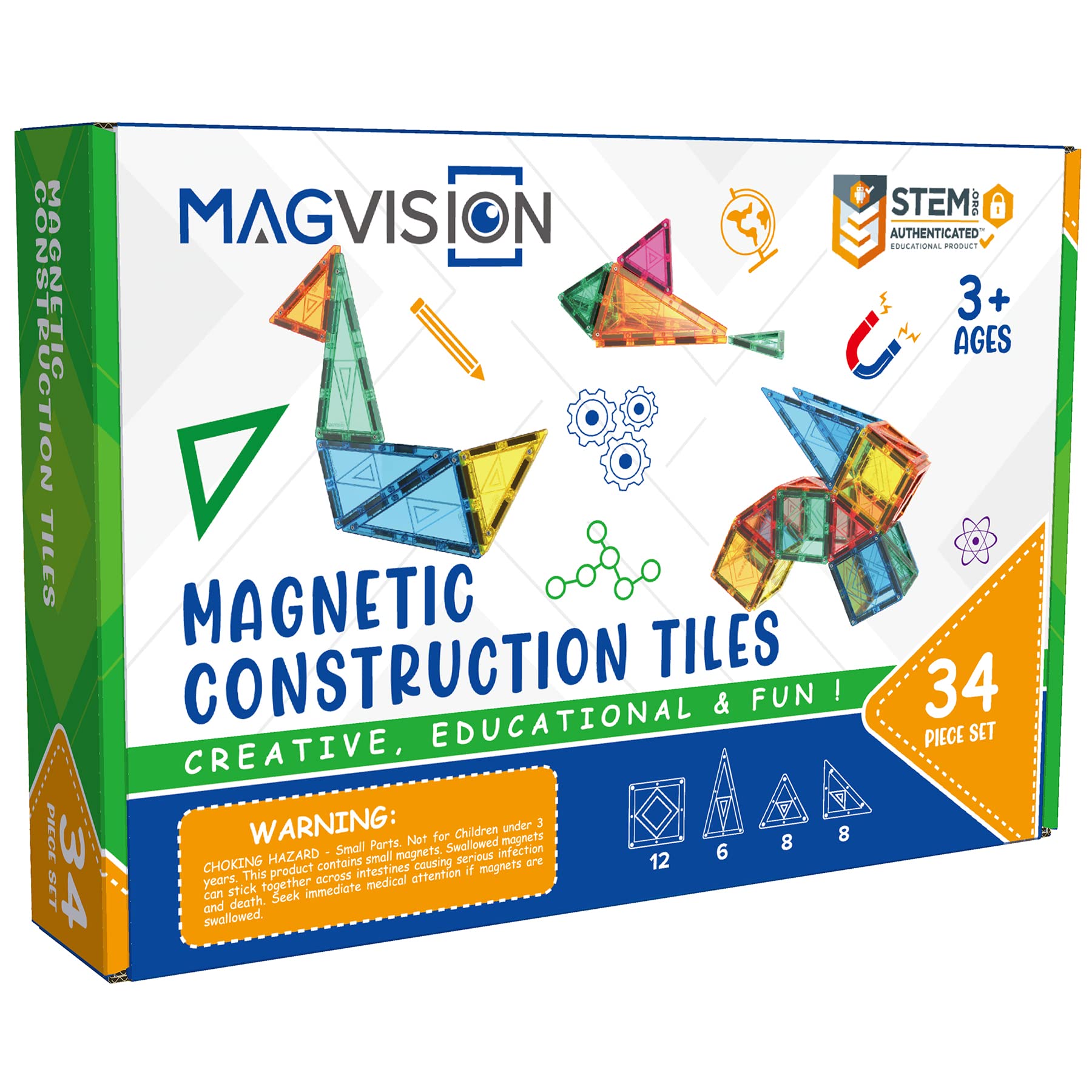 MagVision 34-Piece Magnetic Building Tiles Set - STEM Educational Toys with Extra Strong & Safe Magnets for Kids Ages 3+ | Creative Construction, Early Learning & Sensory Play for Toddlers & Preschoolers