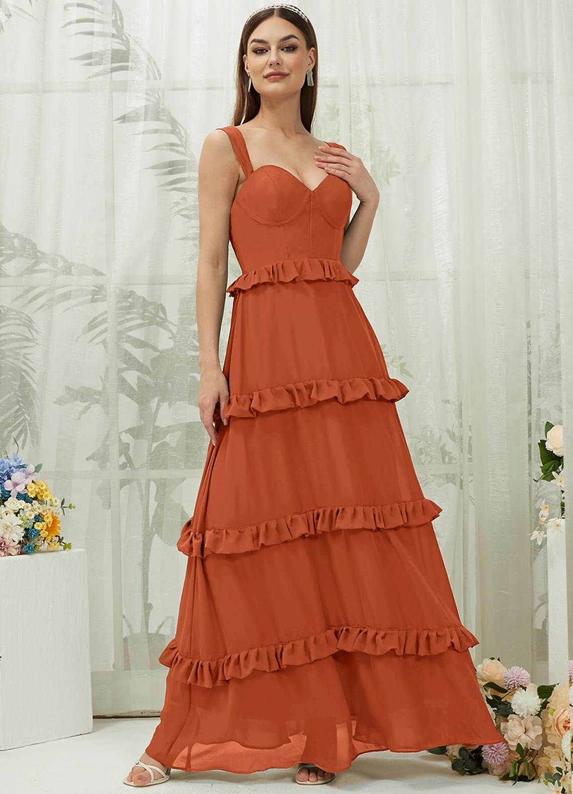 Elegant Burnt Orange Chiffon Sweetheart Neckline Tiered Maxi Bridesmaid Dress - Perfect for Weddings, Formal Events & Special Occasions