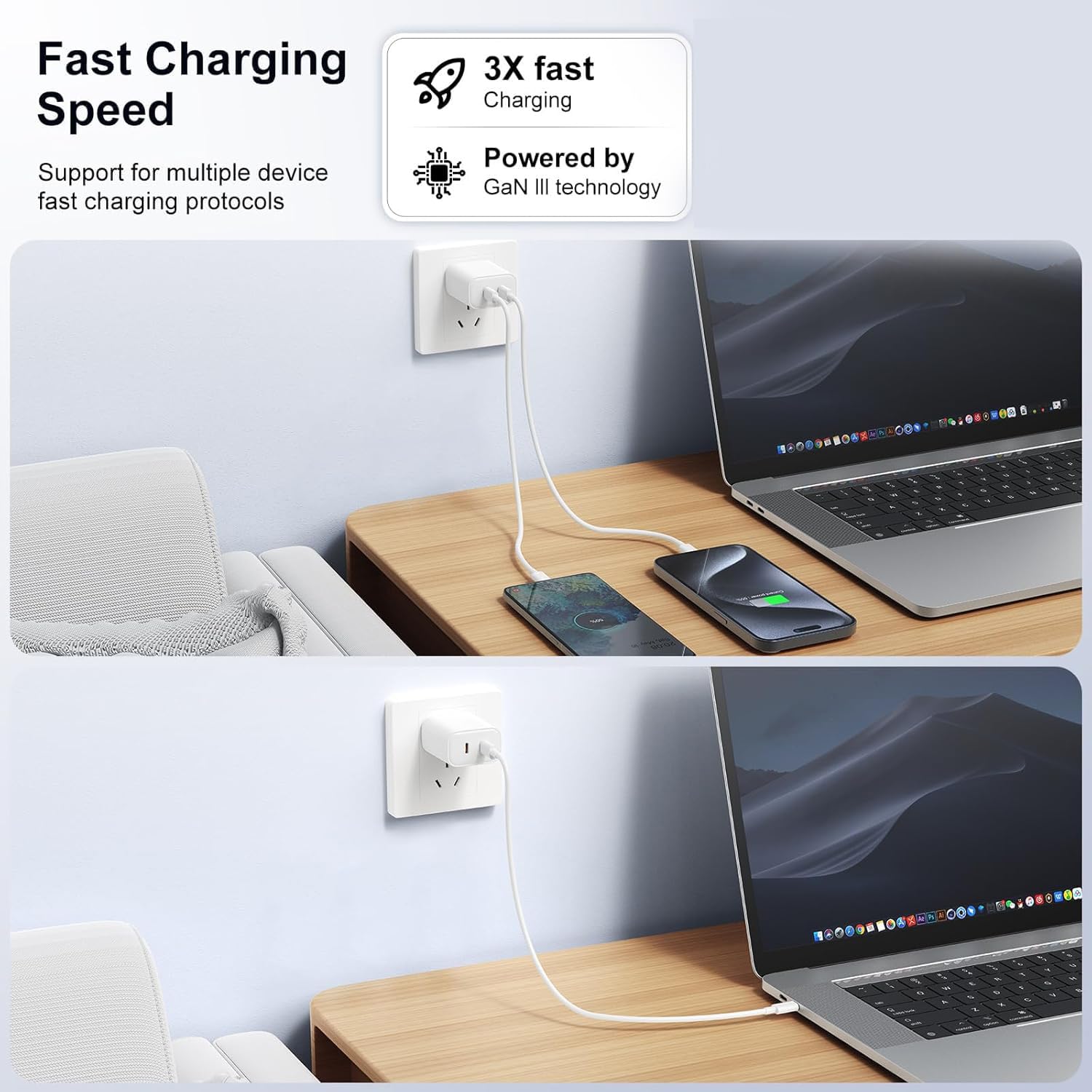 Fast Charging USB C Charger Block & Cable for iPhone 16/16 Plus/16 Pro/16 Pro Max/iPhone 15/15 Pro Max/Samsung - 2 Pack - Perfect for Home, Office & Travel