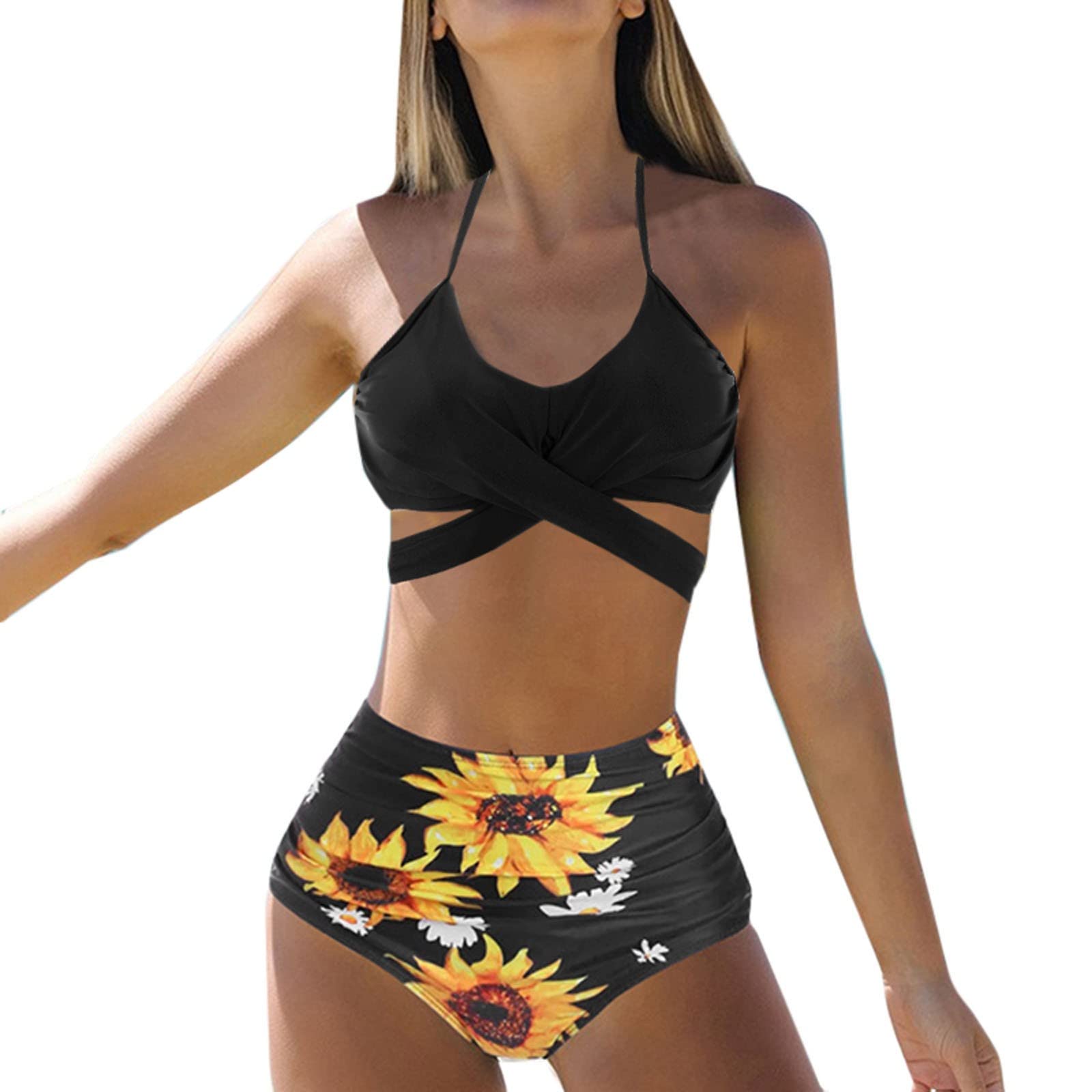 Sunflower Print Bikini Set - Lace Up Top & Ruched Shorts for Beach & Pool