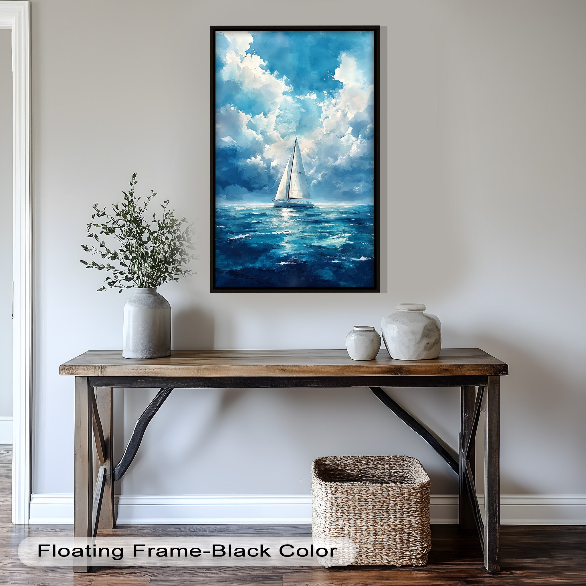 Blue Sky White Sailboat Oil Painting - Handmade Nautical Wall Art for Living Room, Bedroom & Office Decor