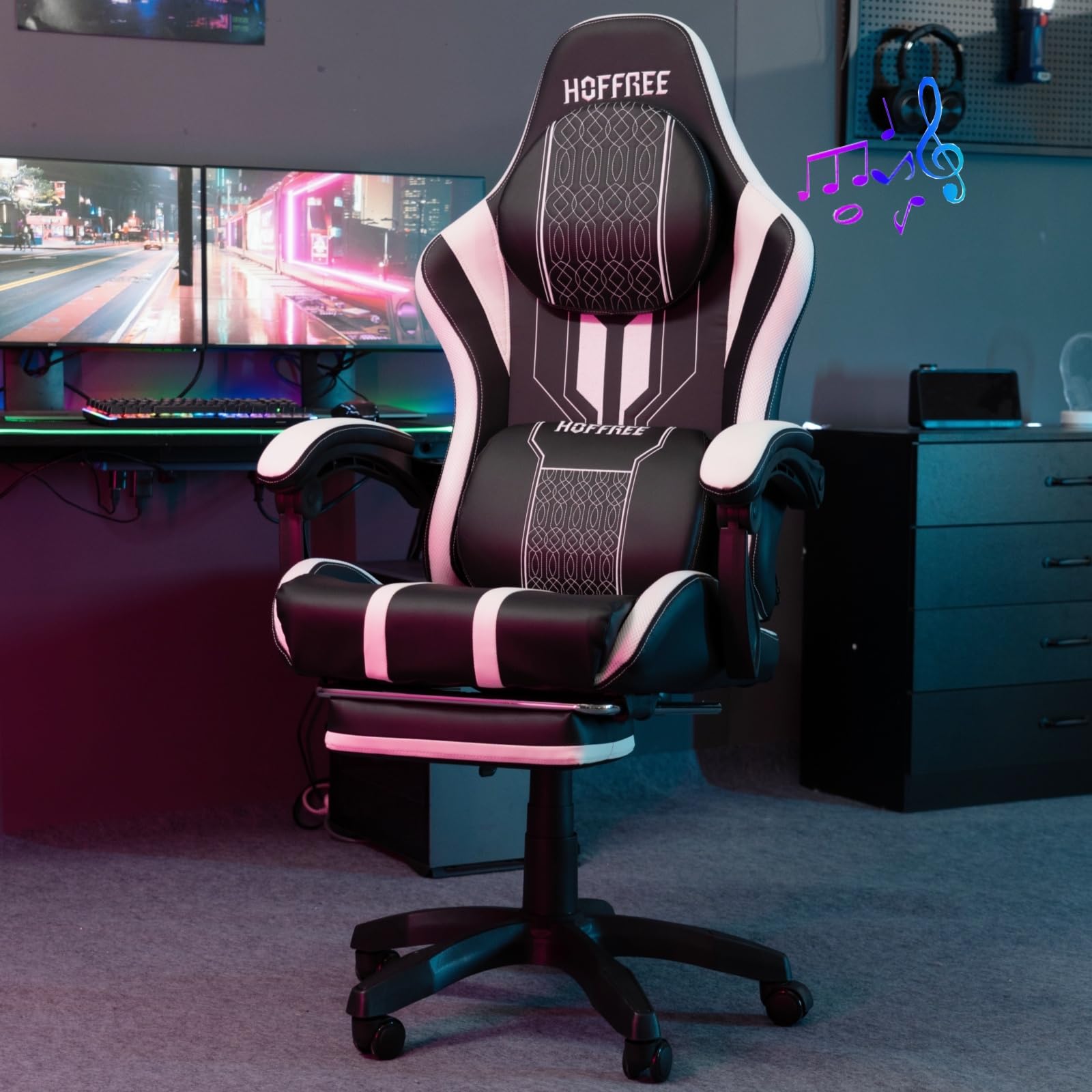 HOFFREE Ergonomic Gaming Chair with Built-in Bluetooth Speakers & Massage Function - Big and Tall Computer Chair with Adjustable Footrest, 400lbs Weight Capacity - White & Black - Perfect for PC Gaming, Home Office & Streaming Setup