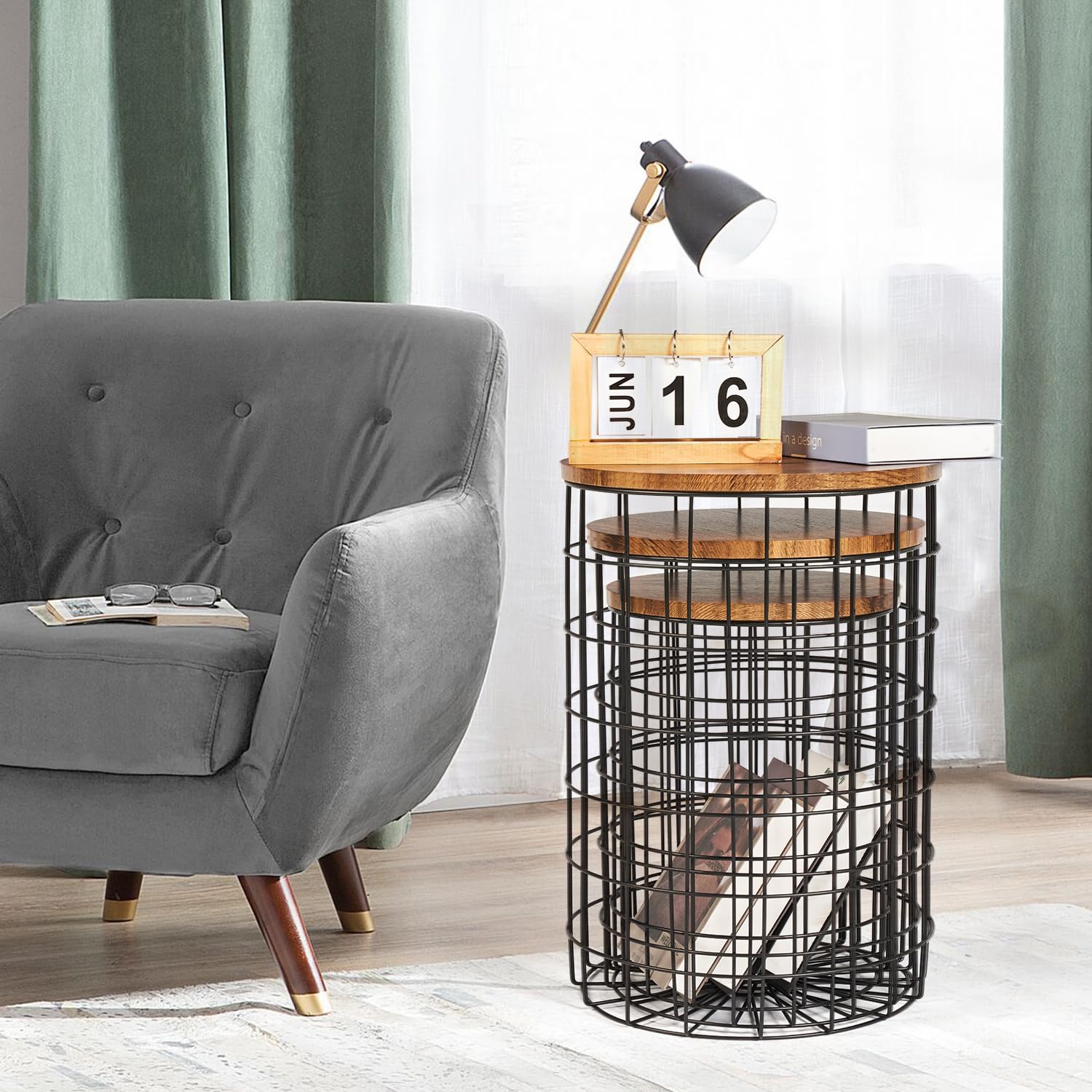 Oneinmil 3-Piece Nesting End Table Set with Storage - Round Side Tables with Removable Lids, Wire Basket Design & Steel Frame - Perfect for Living Room, Bedroom, Office - Rustic Home Decor for Small Spaces & Apartment Living