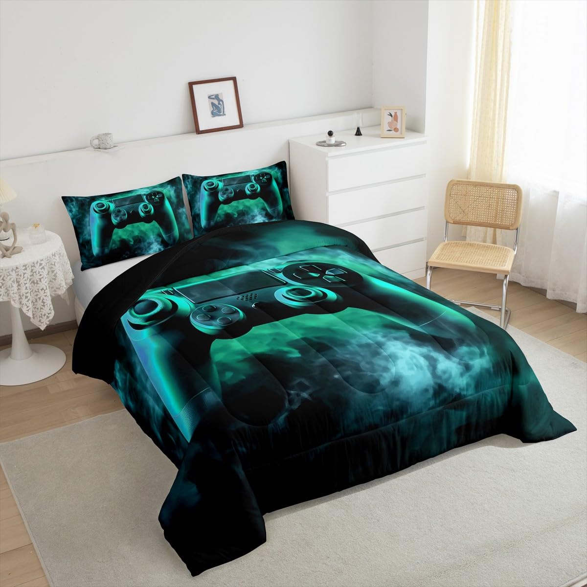 Erosebridal King Size Gaming Bedding Set for Boys & Kids - Green Gamer Comforter Set with Toddler Bed Sheets - Perfect for Teen Bedrooms, Game Room Decor & Sleepovers