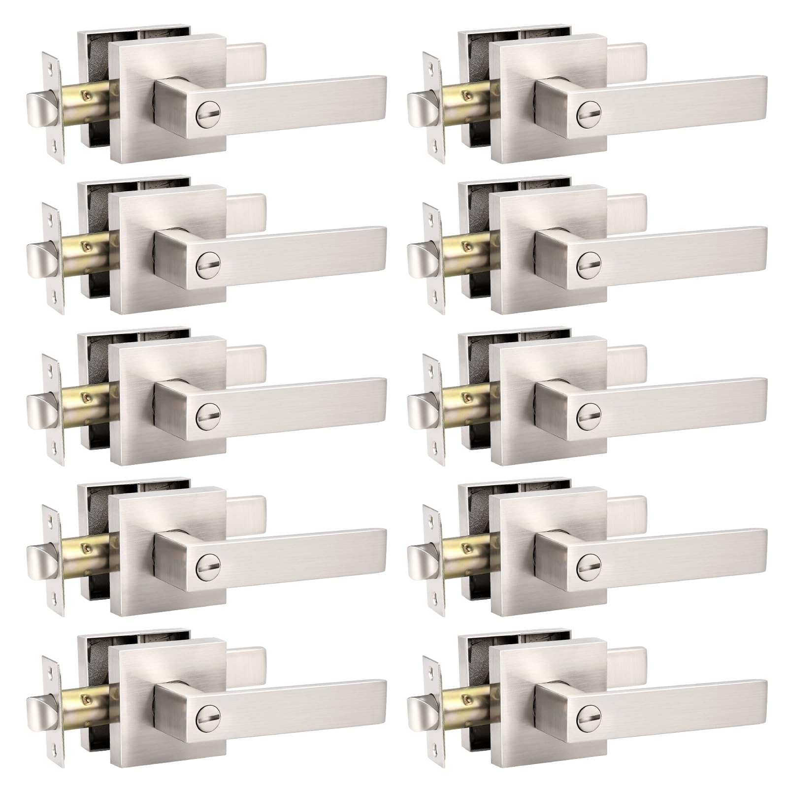 10 Pack Brushed Nickel Heavy Duty Privacy Door Handles with Turn Lock - Bedroom, Bathroom & Interior Door Lock Handlesets for Home Security and Privacy