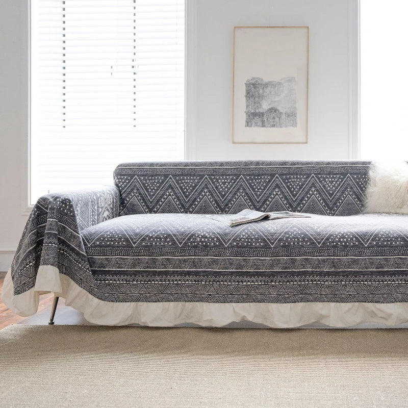 Bohemian Floral Sofa Slipcover with Ruffled Trim - Tribal Print Couch Cover for Living Room Decor, Home Styling & Comfort