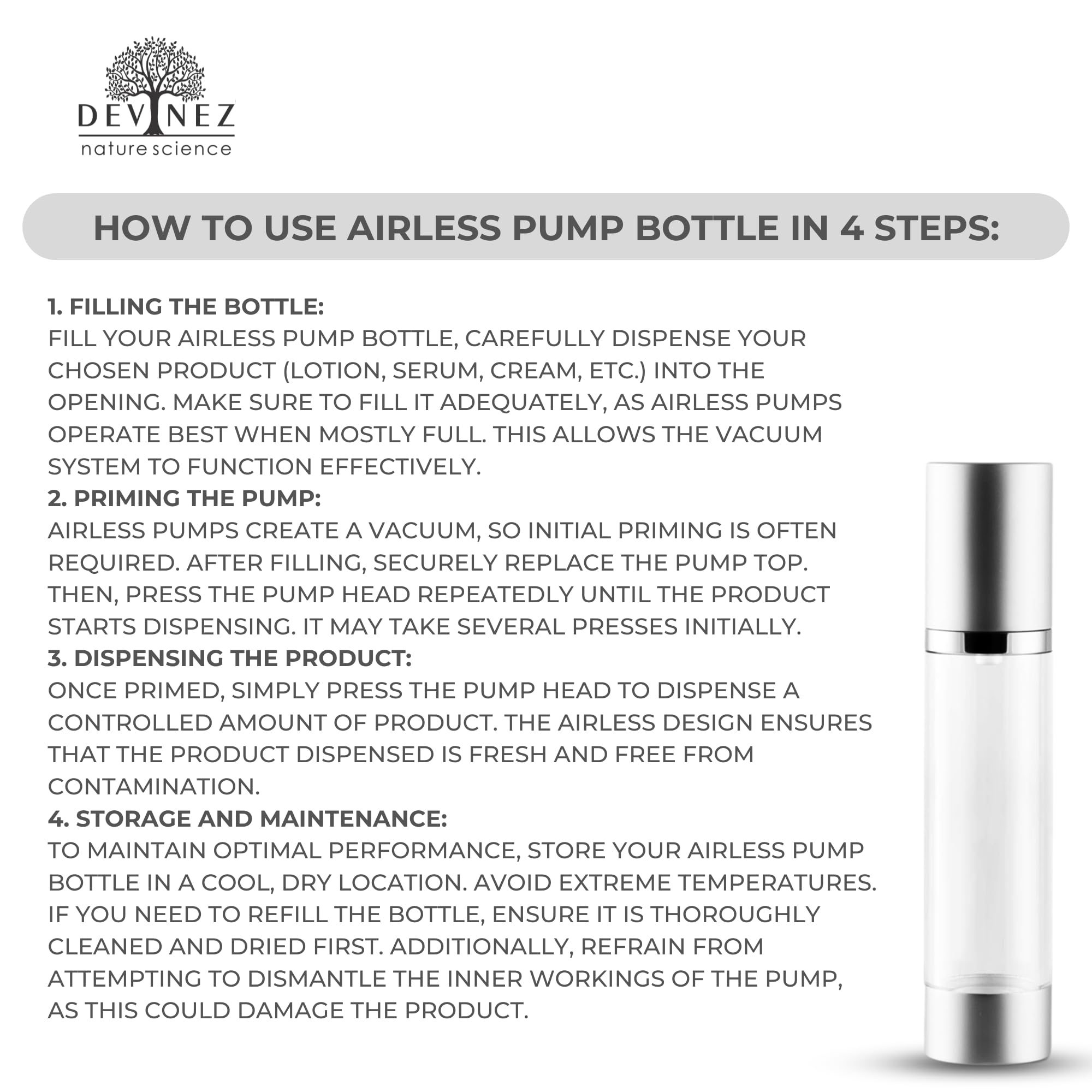 Devinez Refillable Airless Pump Bottle - 50ml Clear Travel Cosmetic Dispenser for Moisturizers, Shampoo, Lotion & Cream | Leak-Proof & Reusable | Perfect for Skincare, Haircare & Toiletries | Great for Travel, Gym & Home Use