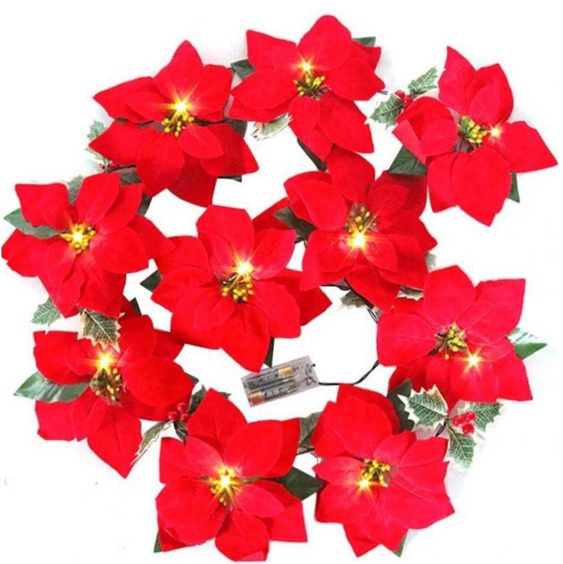 Zonster Christmas Artificial Flowers Garland - Battery Operated LED Poinsettia Garland with 10 Lights, Holly Leaves for Holiday Home Decor, Tree, Mantel, and Fireplace Decoration