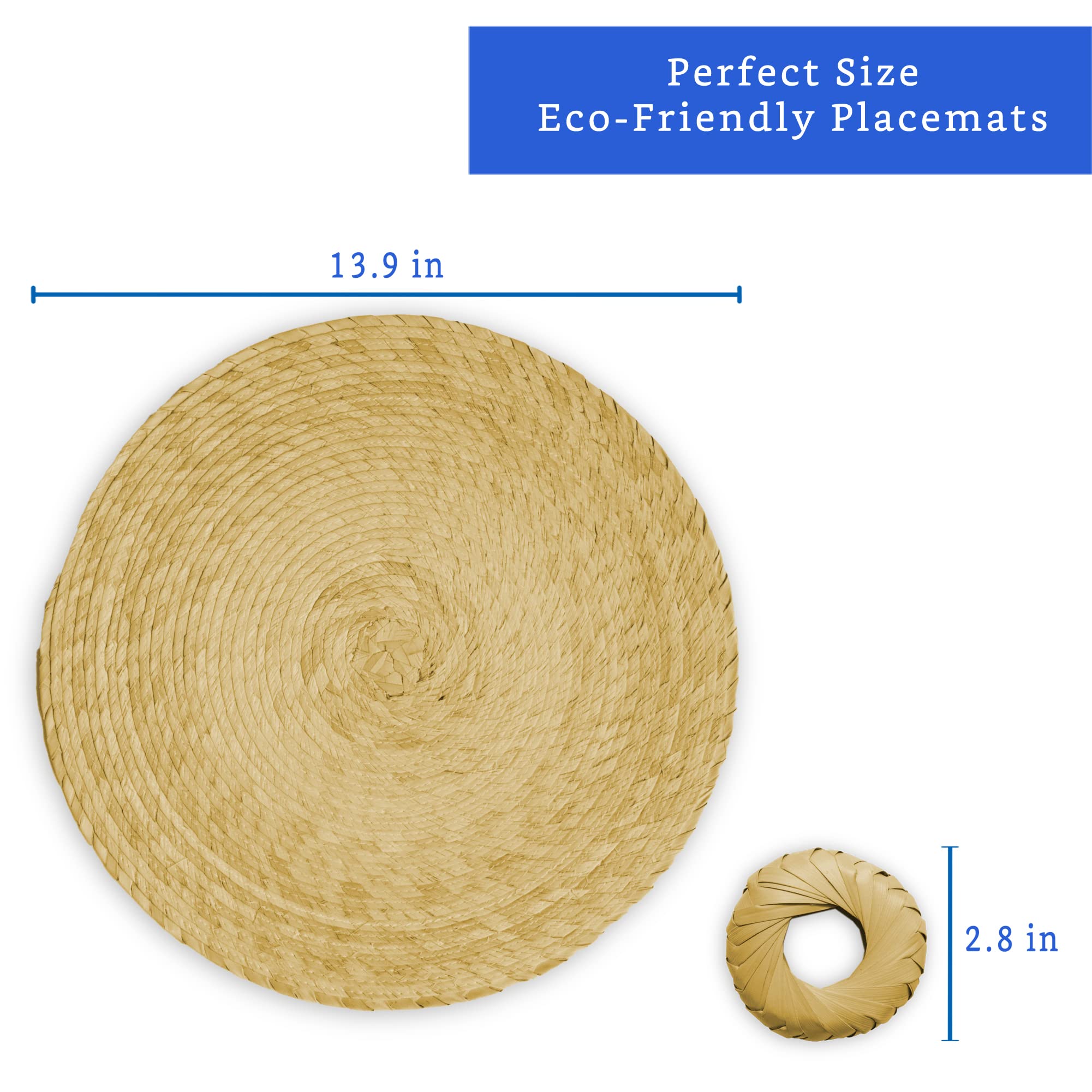 Handmade Natural Woven Round Placemats Set of 6 with Napkin Rings - Eco-Friendly Straw Wicker Chargers for Dining Table - Rustic Wedding & Home Decor Place Settings for Everyday Use & Special Occasions