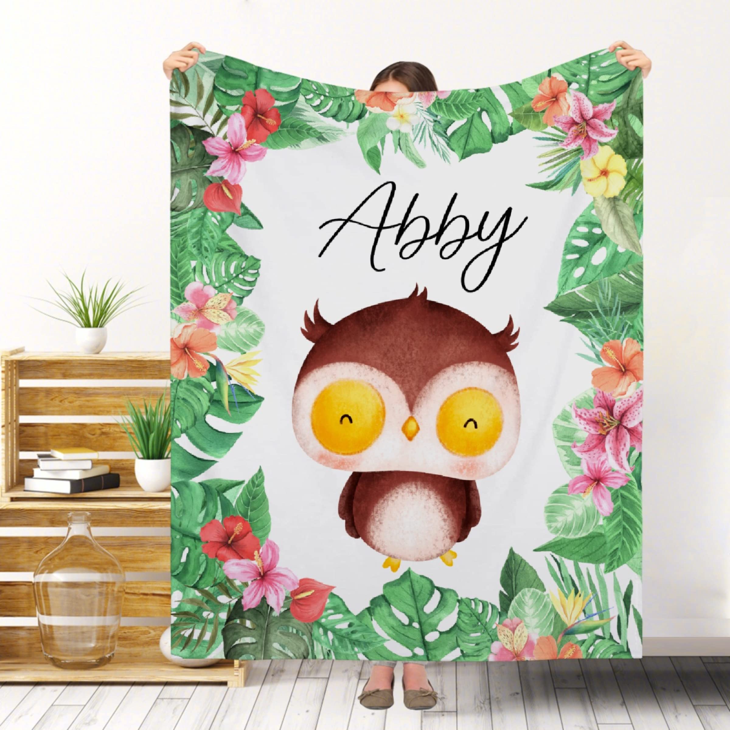 Custom Personalized Throw Blanket with Name & Text - Tropical Floral Owl Design 60