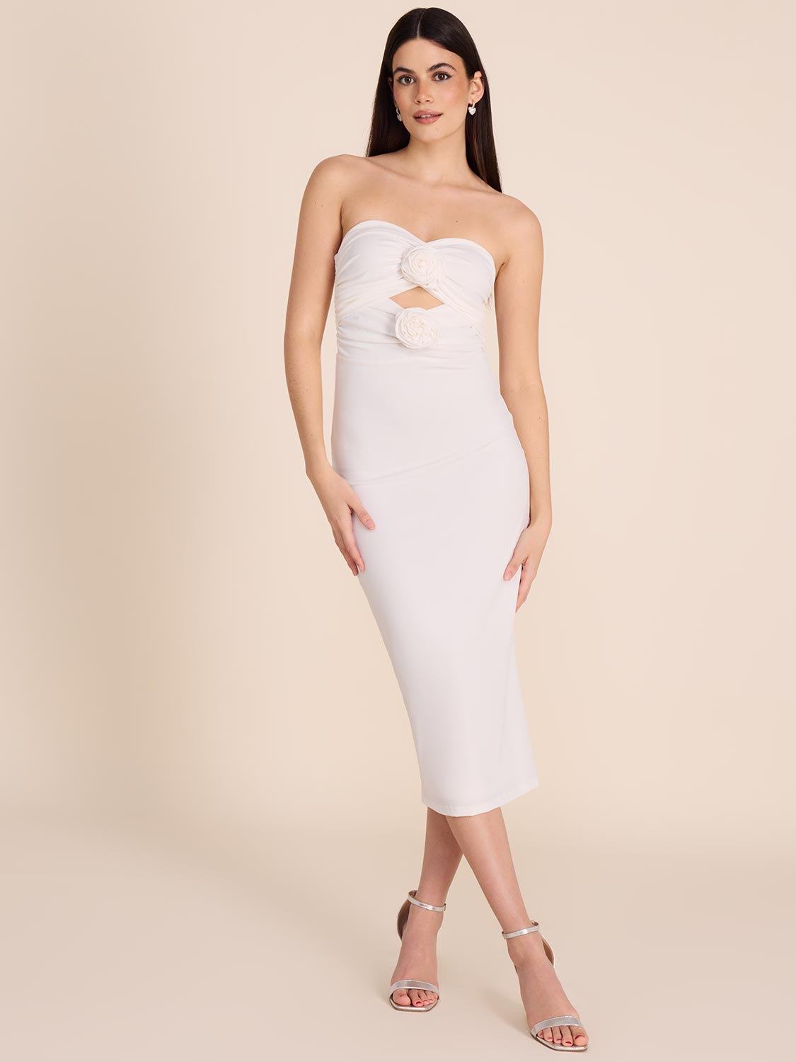 Strapless Midi Dress with Rosettes & Cut Outs - Elegant Floral Lace Cocktail Party Dress for Women | Perfect for Weddings, Date Nights & Special Occasions