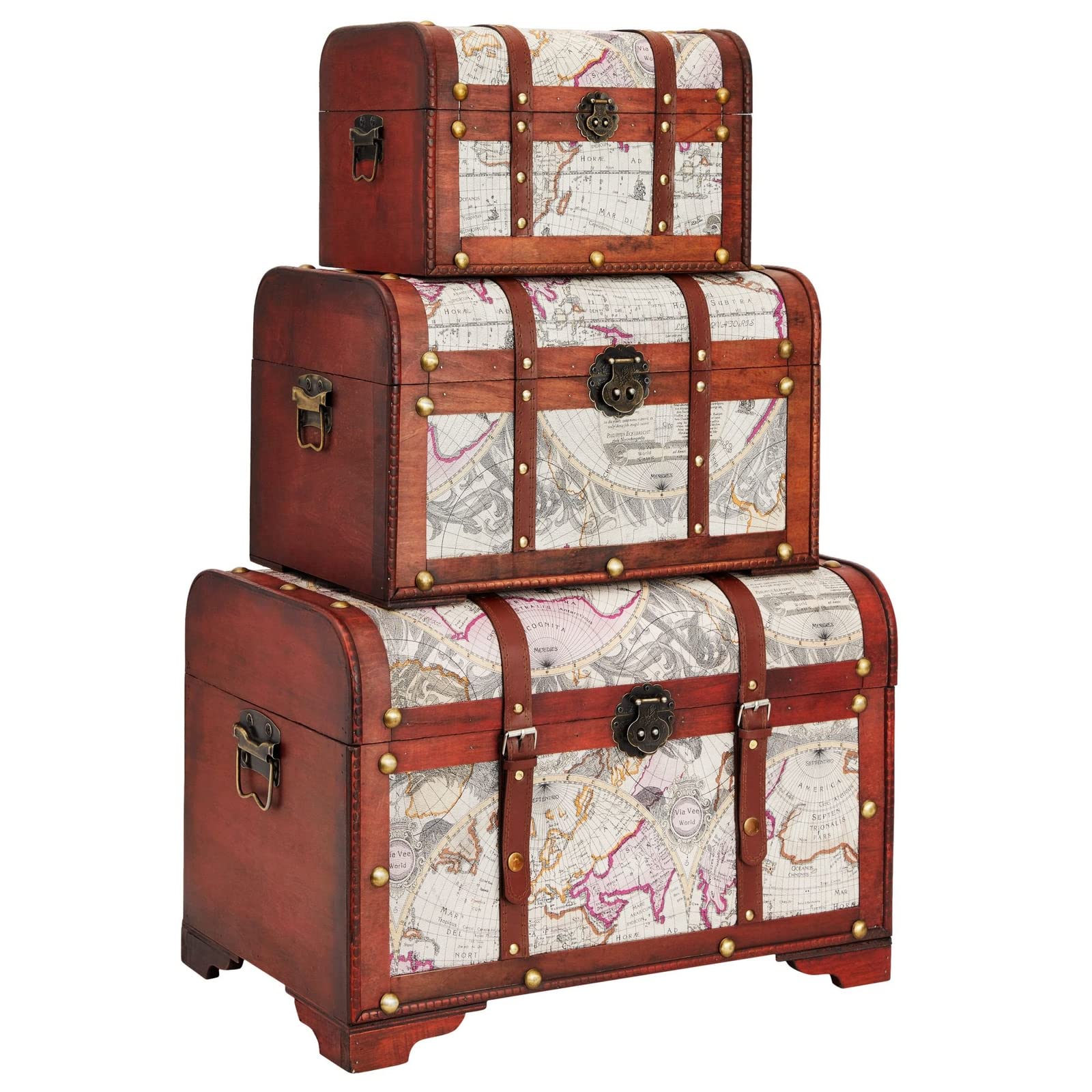 Juvale Set of 3 Small Wooden Storage Trunks & Chests - Vintage Map Print Decorative Suitcases for Jewelry, Crafts, Pirate Theme Decor (3 Sizes) - Perfect for Living Room, Bedroom, Nursery & Party Decorations