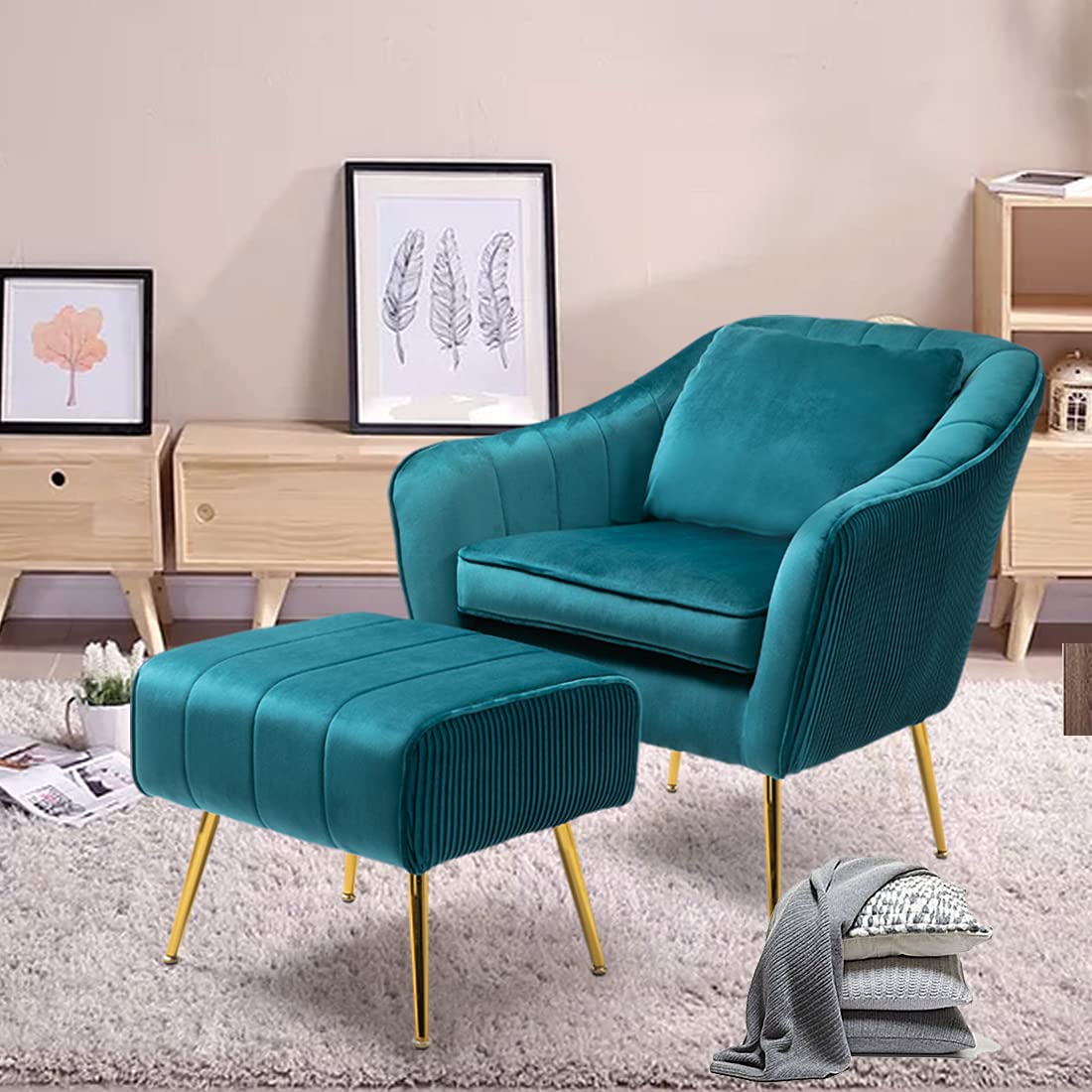 Velvet Accent Armchair with Ottoman & Lumbar Pillow - Modern Living Room Chair with Golden Legs, Blue Barrel Chair for Bedroom & Vanity | Cozy Seating for Home Office, Lounge & Reading Nook