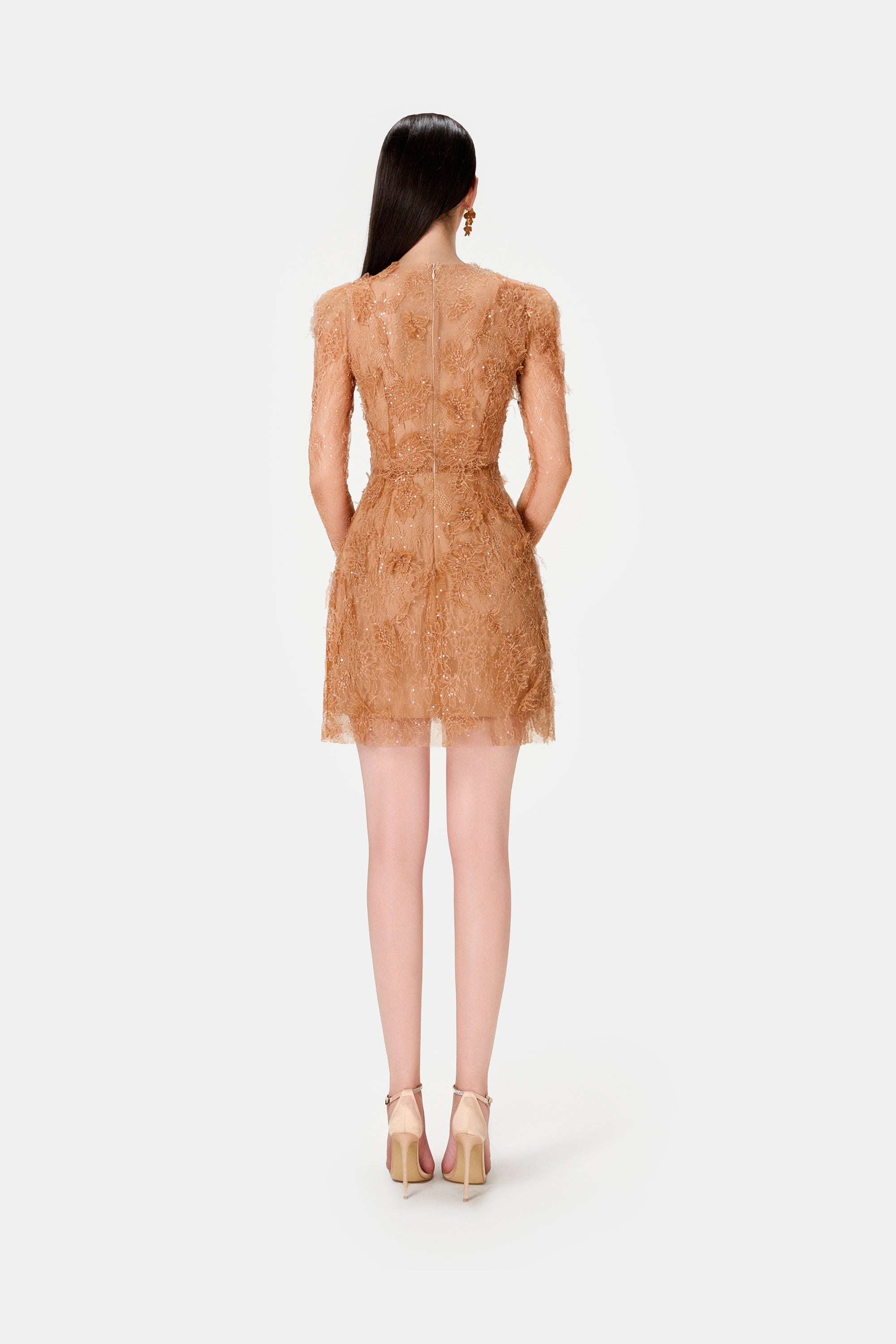 Elegant Honey Beaded Lace Mini Dress for Women - Perfect for Cocktail Parties, Date Nights & Special Occasions
