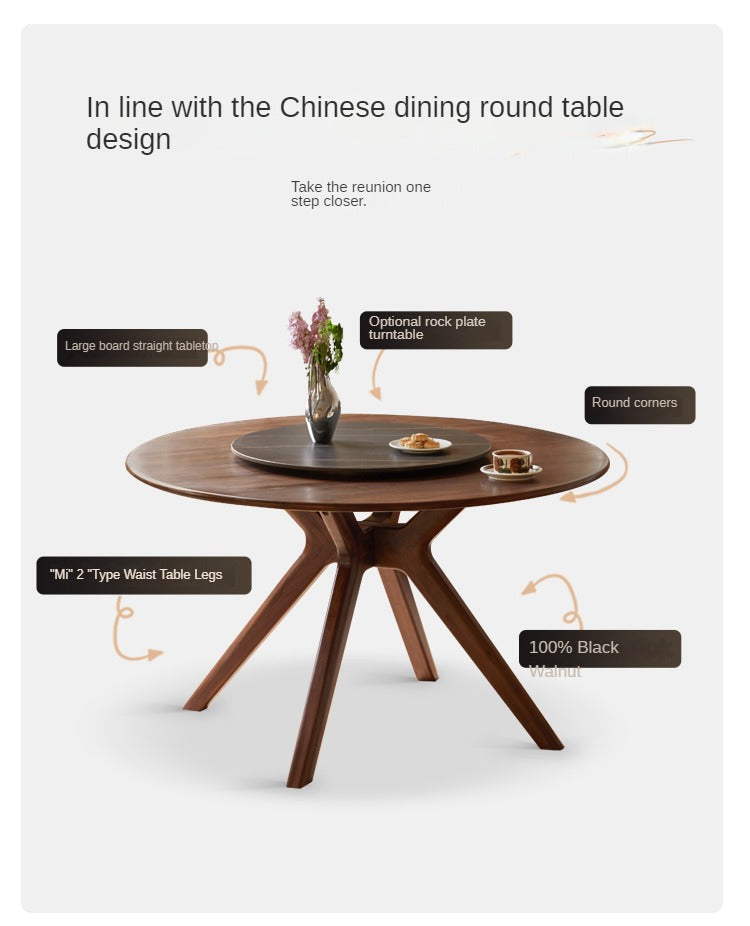 Premium Black Walnut Solid Wood Round Dining Table with Lazy Susan Turntable - Perfect for Family Gatherings & Dinner Parties