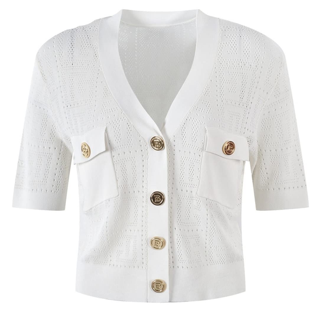 2022 Women's Casual V-Neck Short Sleeve Knitted Sweater Top - Korean Streetwear Button Down Shirt in White Size L | Perfect for Spring Outfits, Office Wear & Street Style Fashion