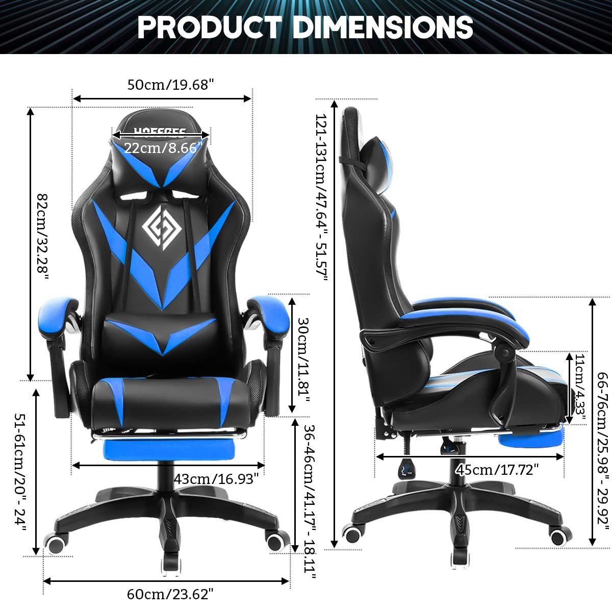 Ergonomic Gaming Chair with LED Lights, Footrest & Massage - High Back Reclining Computer Chair with Adjustable Lumbar Support (Blue & Black) - Perfect for Esports, Streaming & Home Office Setup
