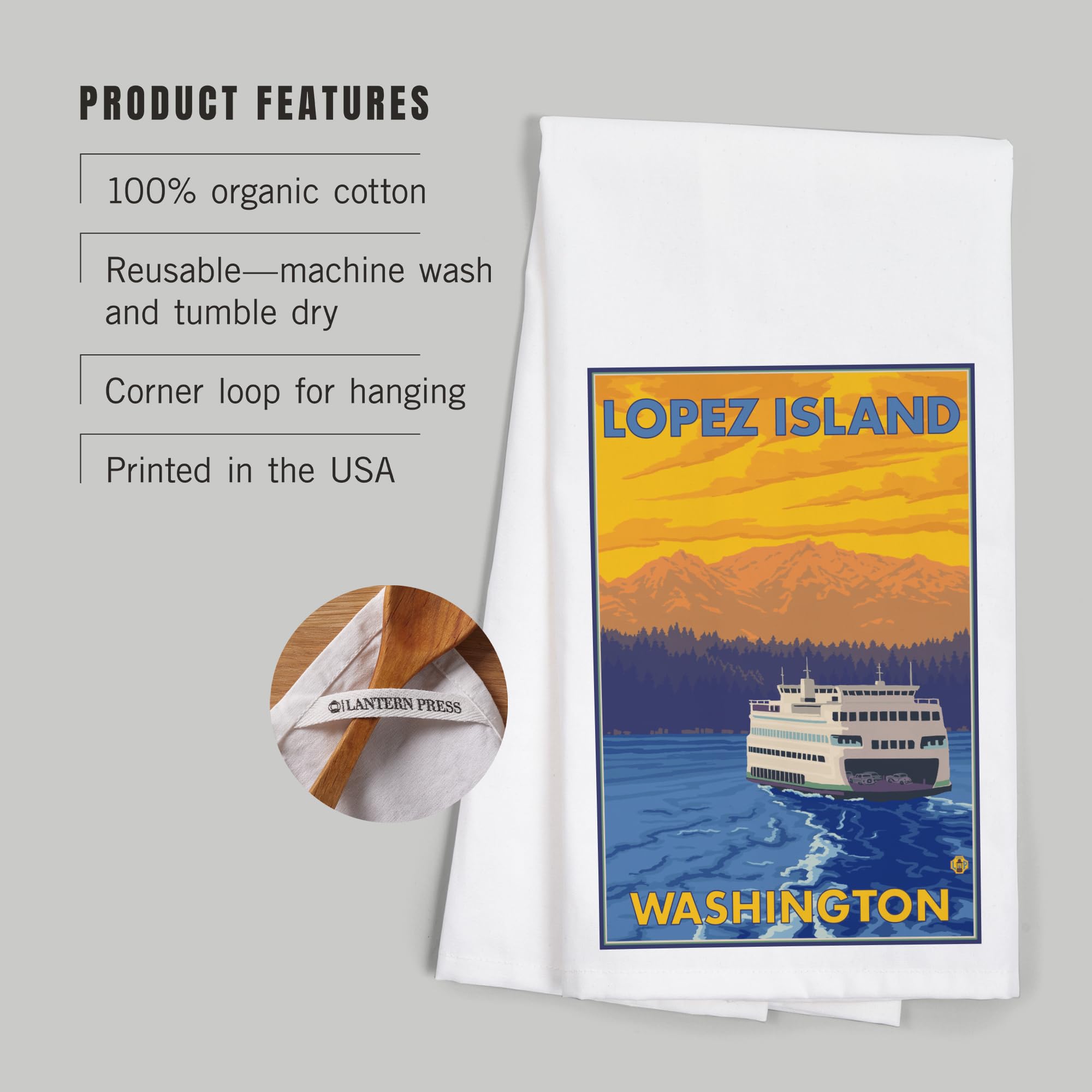 Lantern Press Ferry and Mountains Lopez Island Washington - 100% Cotton Tea Towel | Decorative Hand Towel for Kitchen & Home Decor | Perfect for Dish Drying, Gift Giving & Farmhouse Style Kitchens