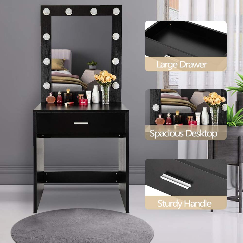 Modern LED Vanity Set with Lighted Mirror & 10 Bulbs - Makeup Dressing Table with Large Drawer, Black Makeup Desk for Bedroom | Perfect for Beauty Routines & Home Decor (Warm White Light)