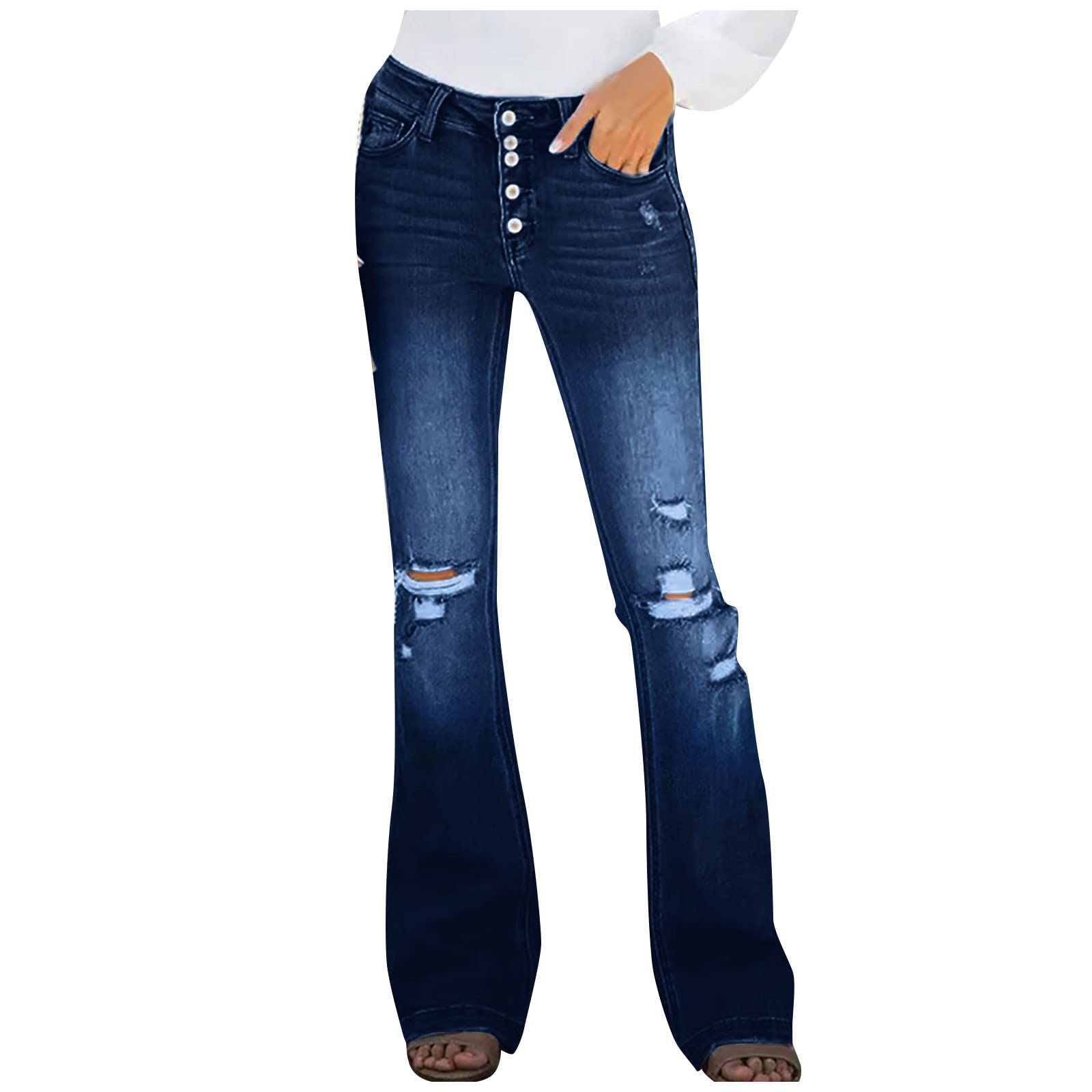 Women's High Waisted Flare Jeans - Bootcut Bell Bottom Stretch Denim with Ripped Details | Slimming & Comfortable for Casual Wear, Night Out, and Retro Fashion