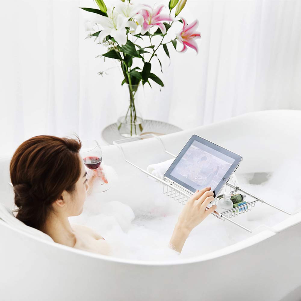Expandable Stainless Steel Bathtub Tray with Book Holder & Extending Silicone Sides - Adjustable Bath Caddy Organizer for Bathroom, Perfect for Reading, Relaxing & Holding Essentials in Tub or Shower