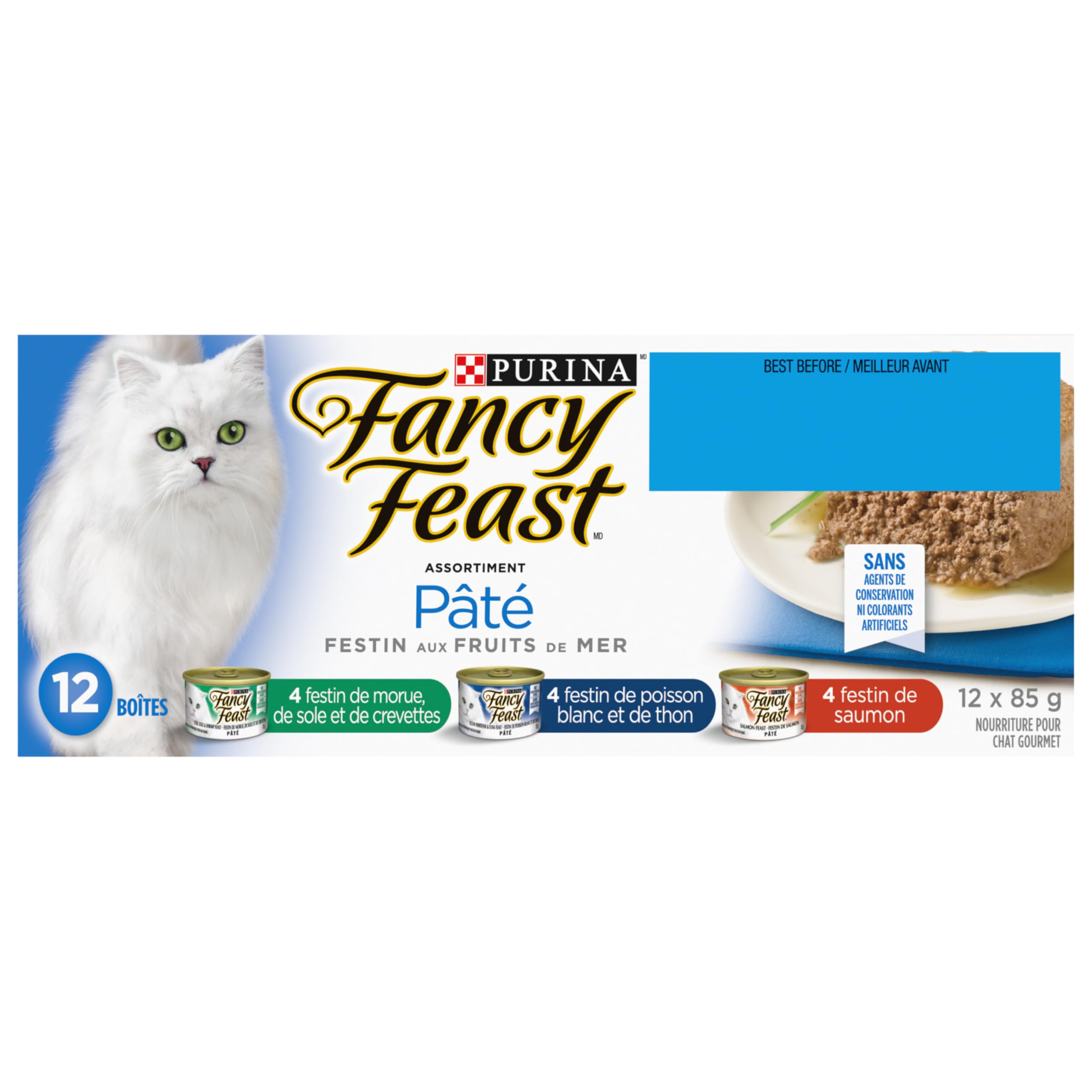 Fancy Feast Seafood Supper Wet Cat Food Pate Variety Pack - 3 Delicious Flavors (Tuna, Salmon, Whitefish) in 85g Cans, 12-Pack for Adult Cats - Perfect for Mealtime, Travel & Special Treats