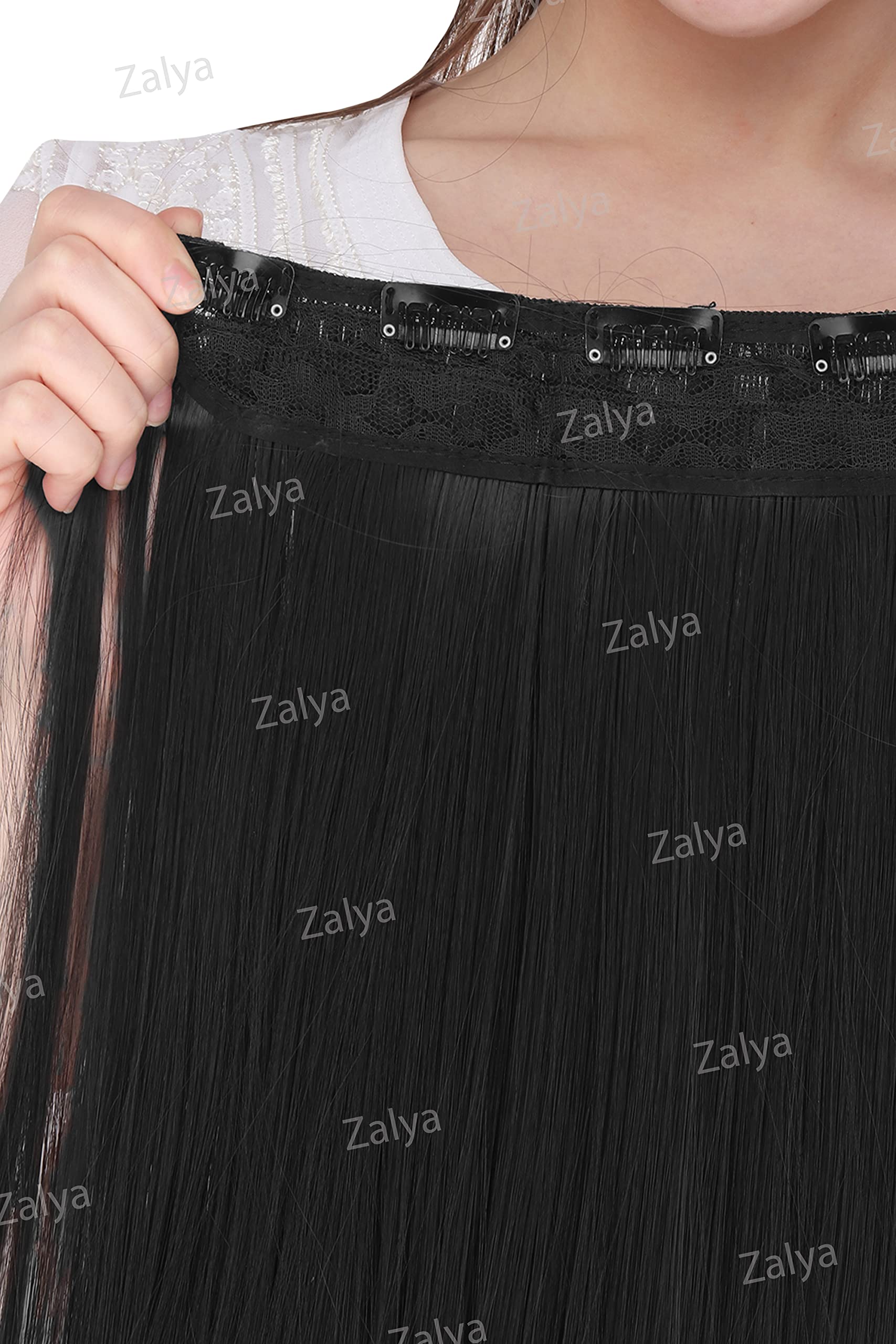 ZALYA 24-Inch Black Straight Clip In Hair Extensions - 5 Clips Synthetic Hair Weft (120g) for Instant Volume & Length - Easy Secure Installation - Perfect for Parties, Weddings & Everyday Glamorous Hairstyles
