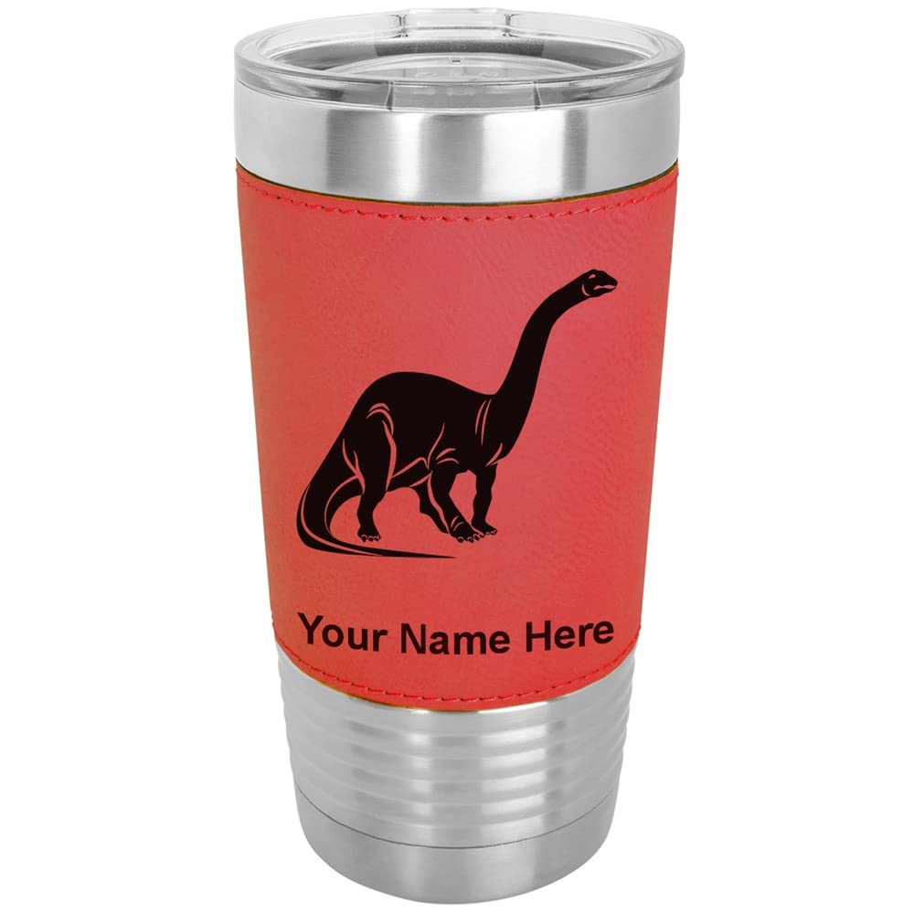 LaserGram 20oz Vacuum Insulated Stainless Steel Tumbler Mug with Lid - Brontosaurus Dinosaur Design, Personalized Engraving, Faux Leather Handle, Red - Perfect for Coffee, Tea, Cold Drinks at Home, Office or Outdoor Adventures