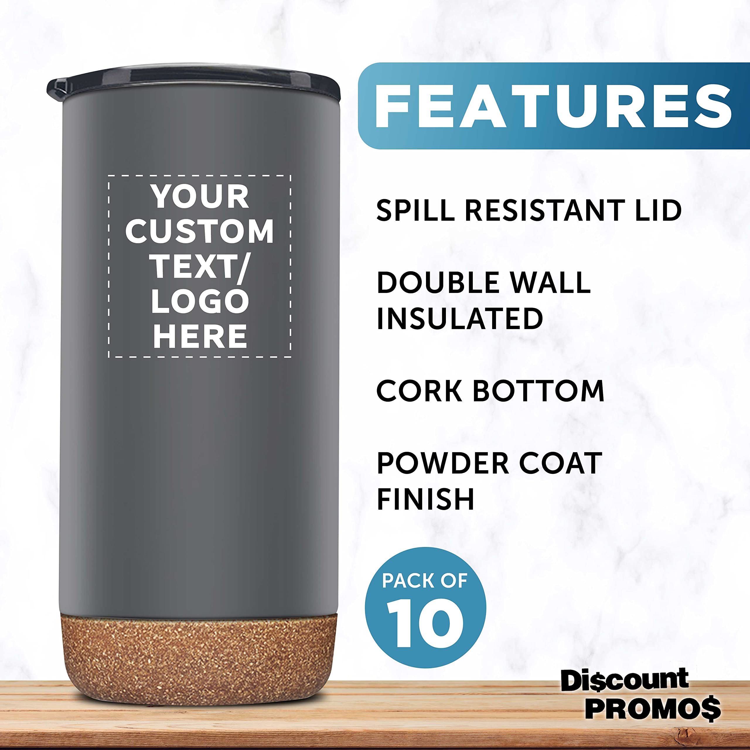16 oz Custom Travel Tumblers with Cork Base - Set of 10 Insulated Stainless Steel Cups with Matte Finish | Personalized Bulk Pack for Iced Coffee, Soda & Beverages | Perfect for Office, Camping, Travel & Gifts (Grey)