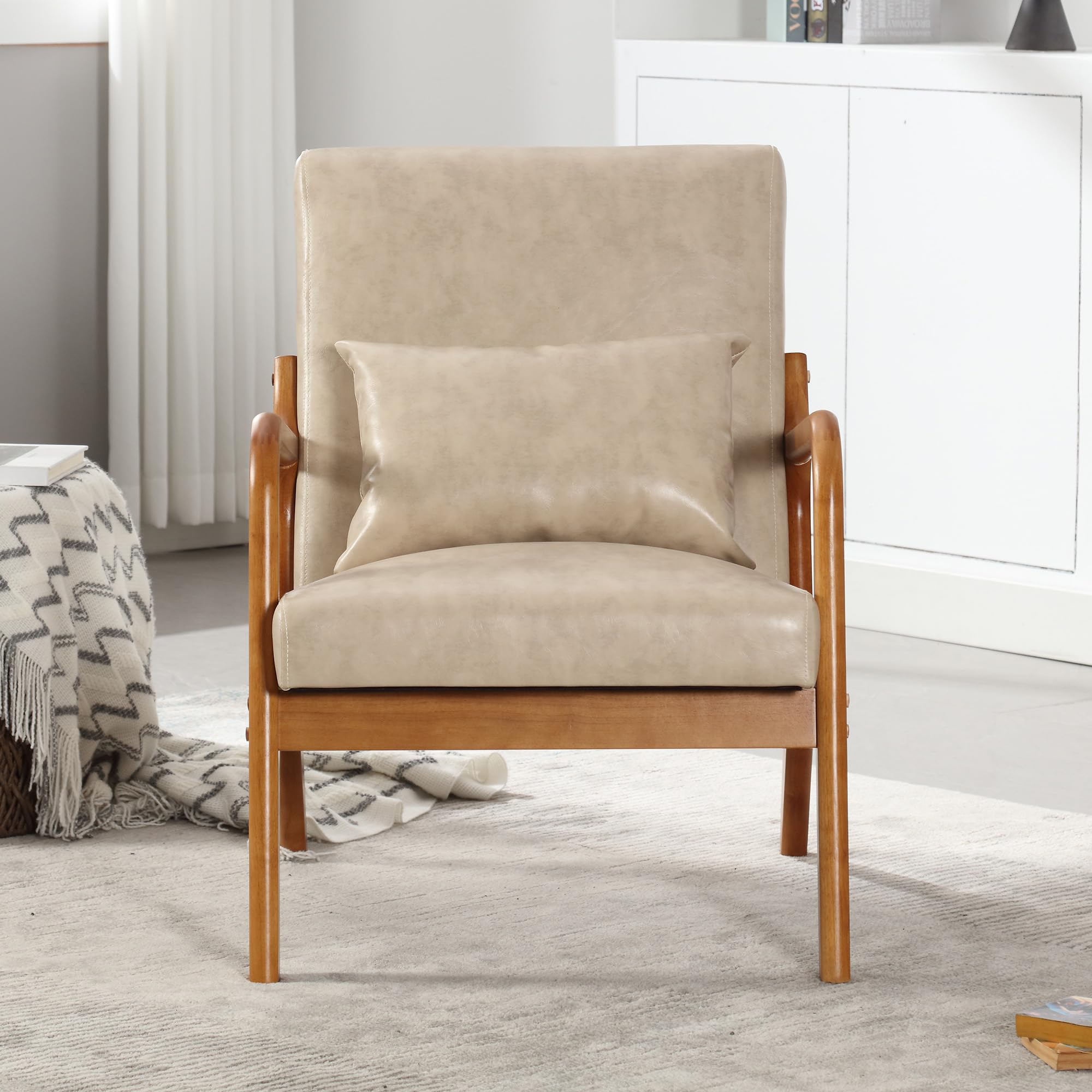 Mid-Century Modern Wooden Armchair with Padded Backrest & Seat Cushion - Comfortable Accent Chair for Living Room, Study or Apartment - Perfect Reading Chair & Lounge Seating (Khaki) - Ideal for Home Office, Coffee Nook & Cozy Corners