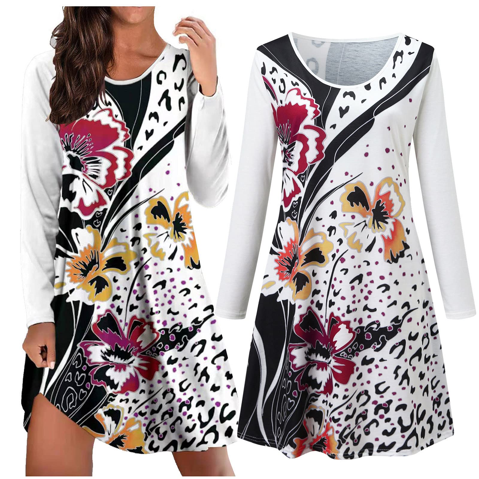 Floral Print Long Sleeve Sundress for Women - Round Neck Summer Dress for Petite Ladies - Perfect for Beach Vacations, Garden Parties & Casual Outings
