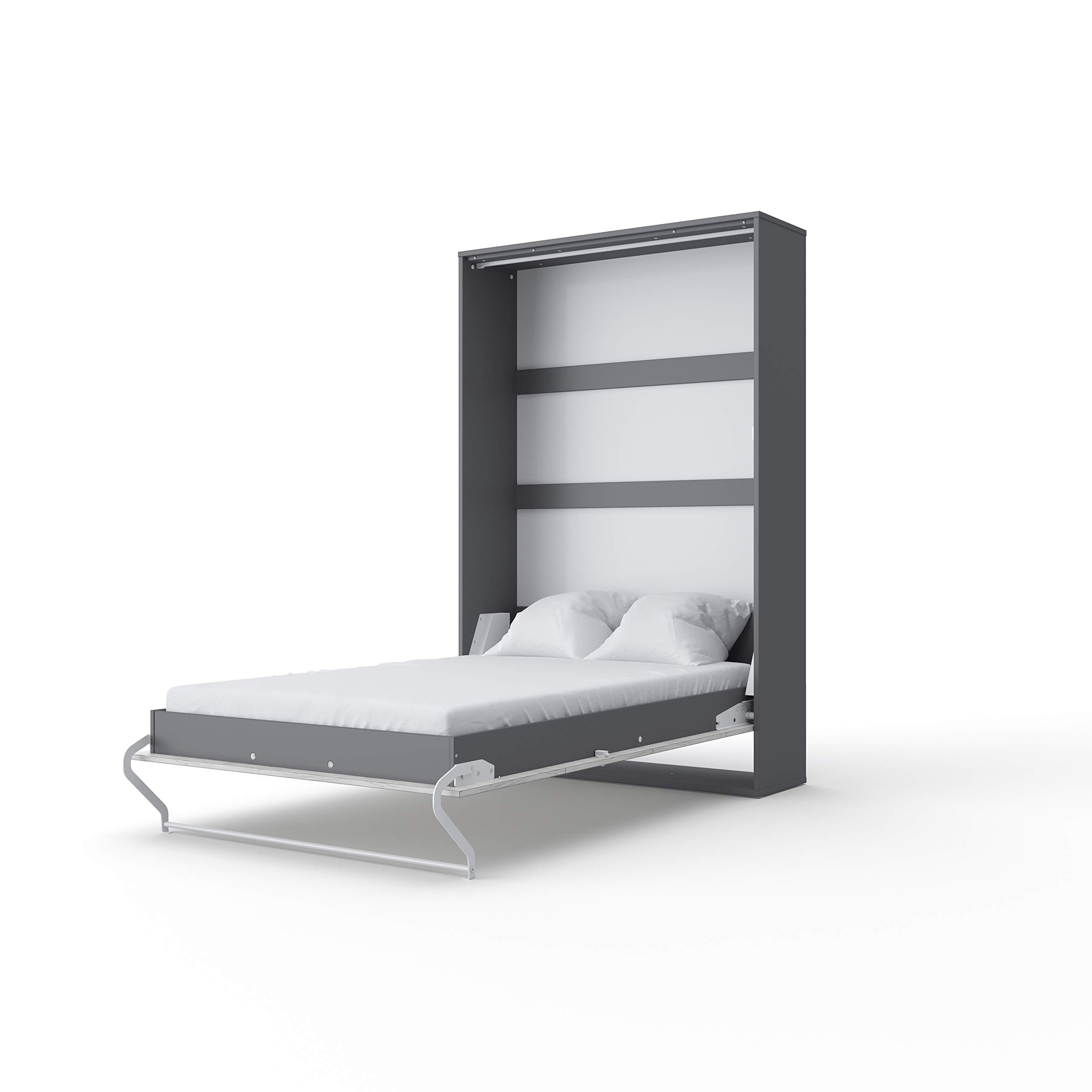 **European Full Size Vertical Wall Bed with Mattress - 2 Built-in Cabinets, Slate Grey/White Monaco - Space-Saving Solution for Small Apartments & Guest Rooms**