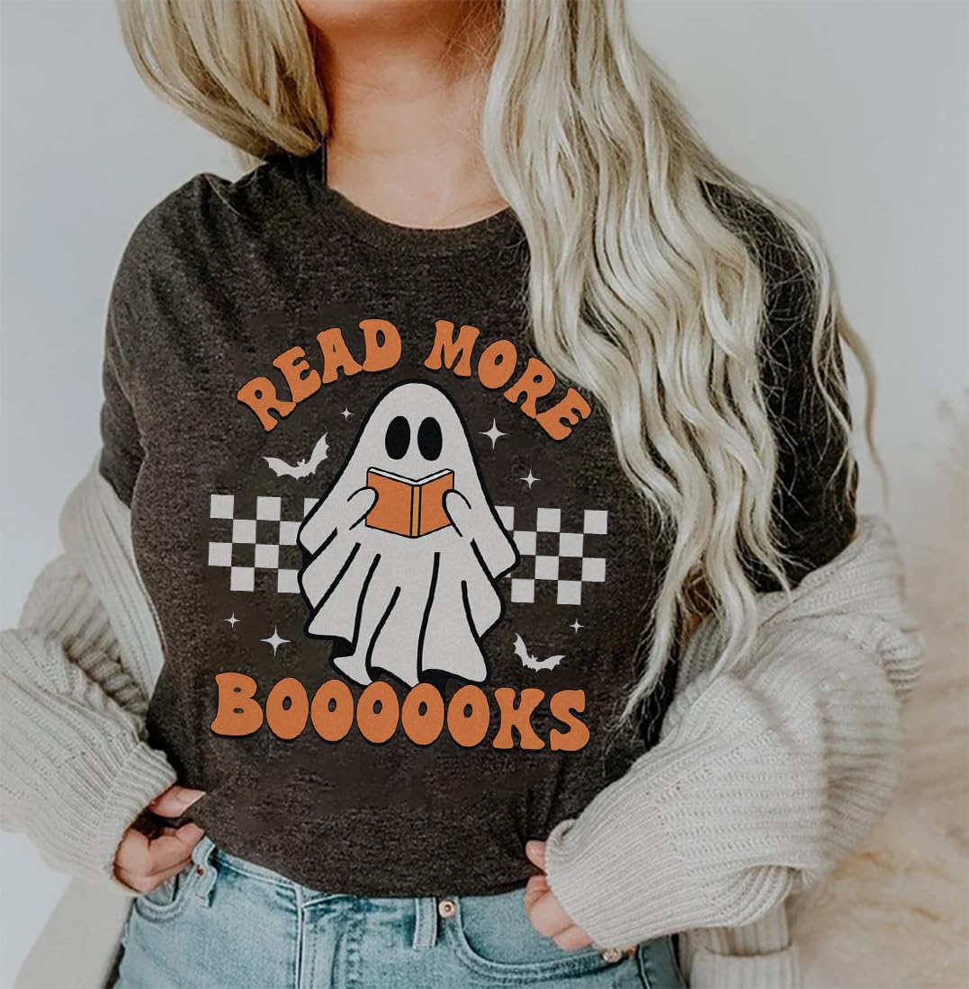 Spooky Teacher Halloween T-Shirt for Women - Funny 'Read More Books' Ghost Design Short Sleeve Tee - Perfect for Halloween Parties, School Events & Costume Outfits