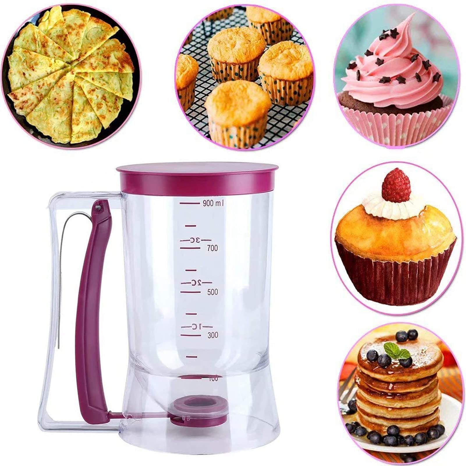 900mL Pancake Batter Dispenser with Measuring Marks - Squeeze Handle & Silicone Brush for Perfect Pancakes, Cupcakes, Crepes, Cakes - Ideal for Breakfast, Baking, and Party Food Preparation