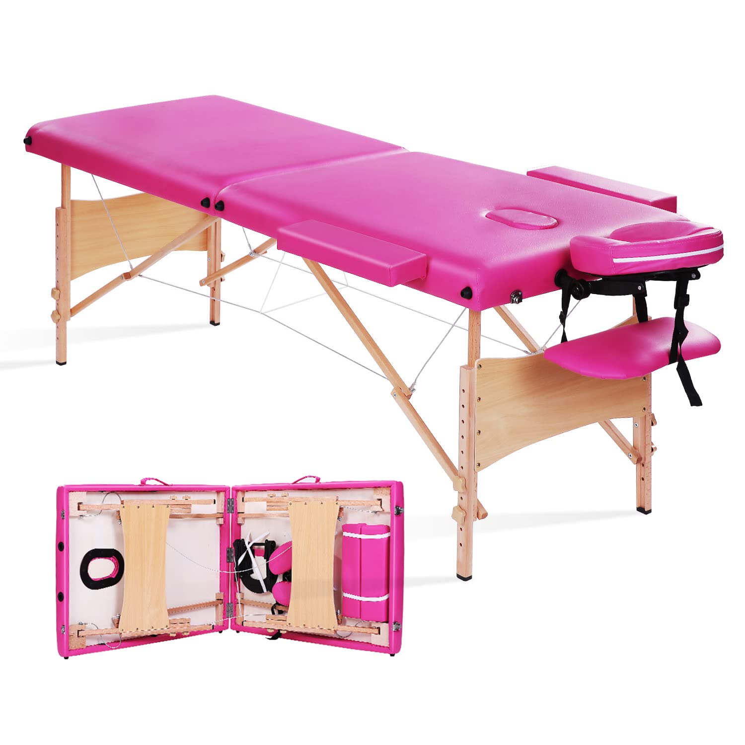 Portable Massage Table 84 Inch - Adjustable Height Folding Spa Bed for Lash Extensions, Massage Therapy & Facial Treatments - 496LBS Weight Capacity - Pink Wooden Design - Perfect for Salons, Spas & Home Use