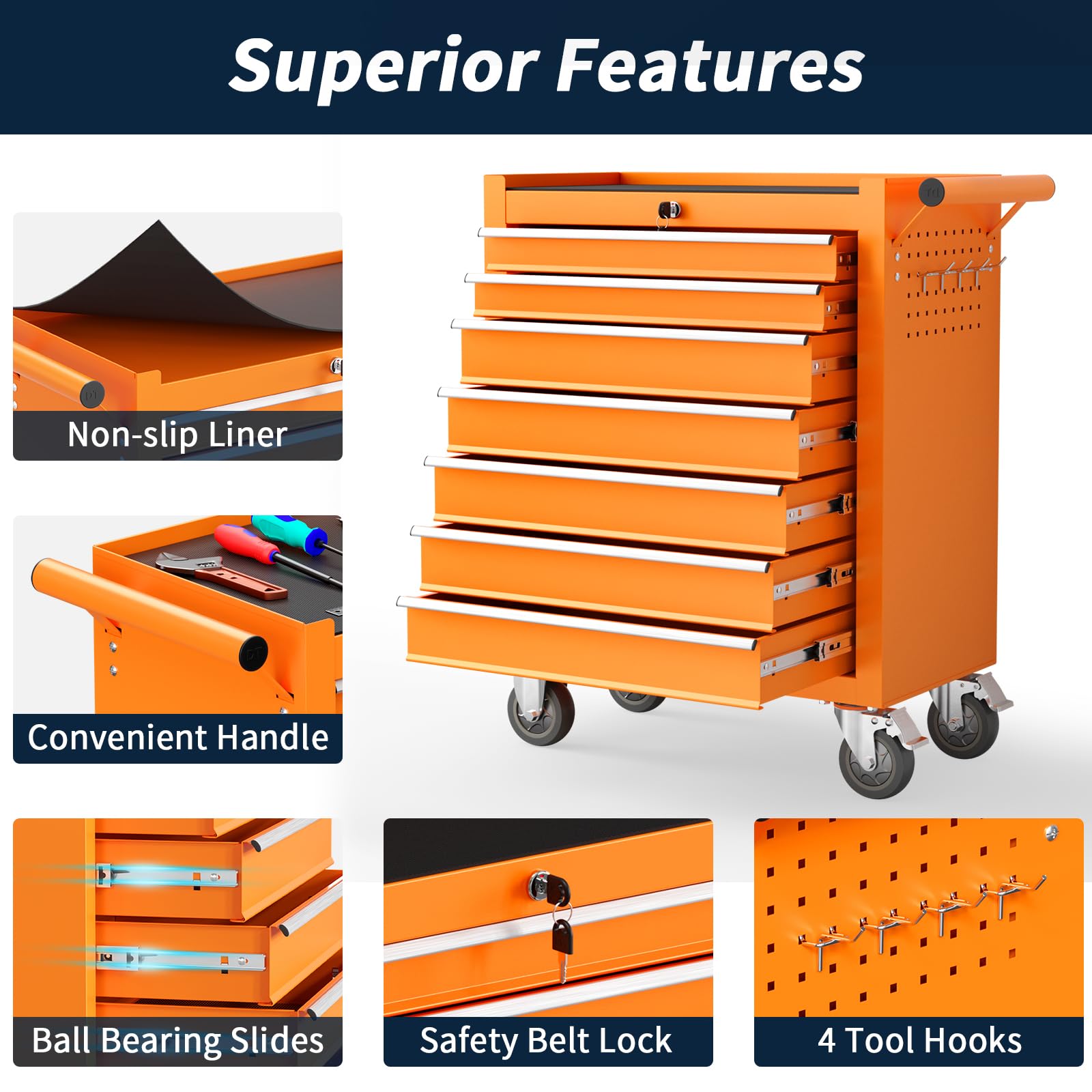 7-Drawer Rolling Tool Chest with Wheels - Heavy Duty Portable Tool Organizer for Garage, Workshop, Warehouse & Repair Shop - Orange Storage Cabinet (Perfect for Mechanics, DIY Projects & Professional Tool Organization)