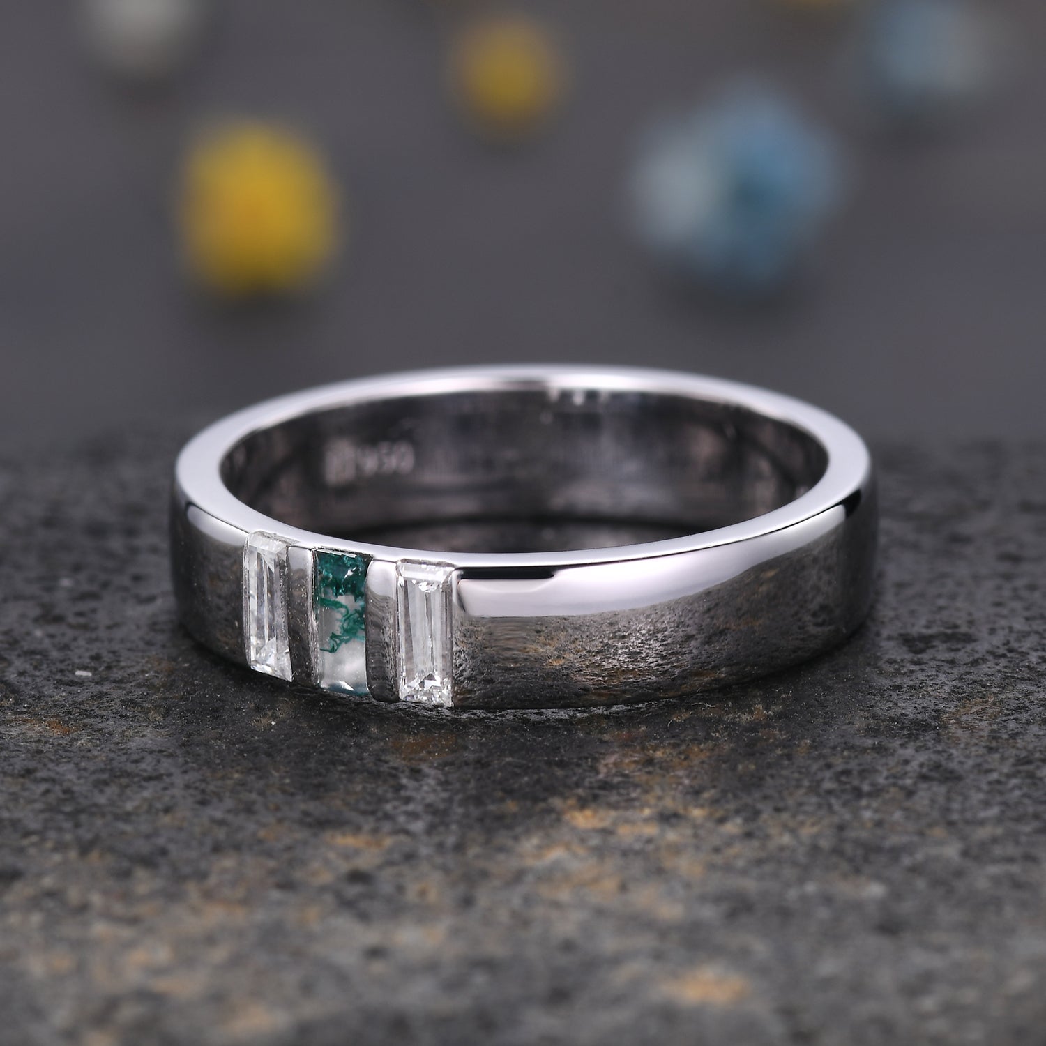 Men's Moss Agate White Gold Wedding Band - 3 Stone Baguette Cut 5mm Ring for Engagement, Anniversary & Special Occasions