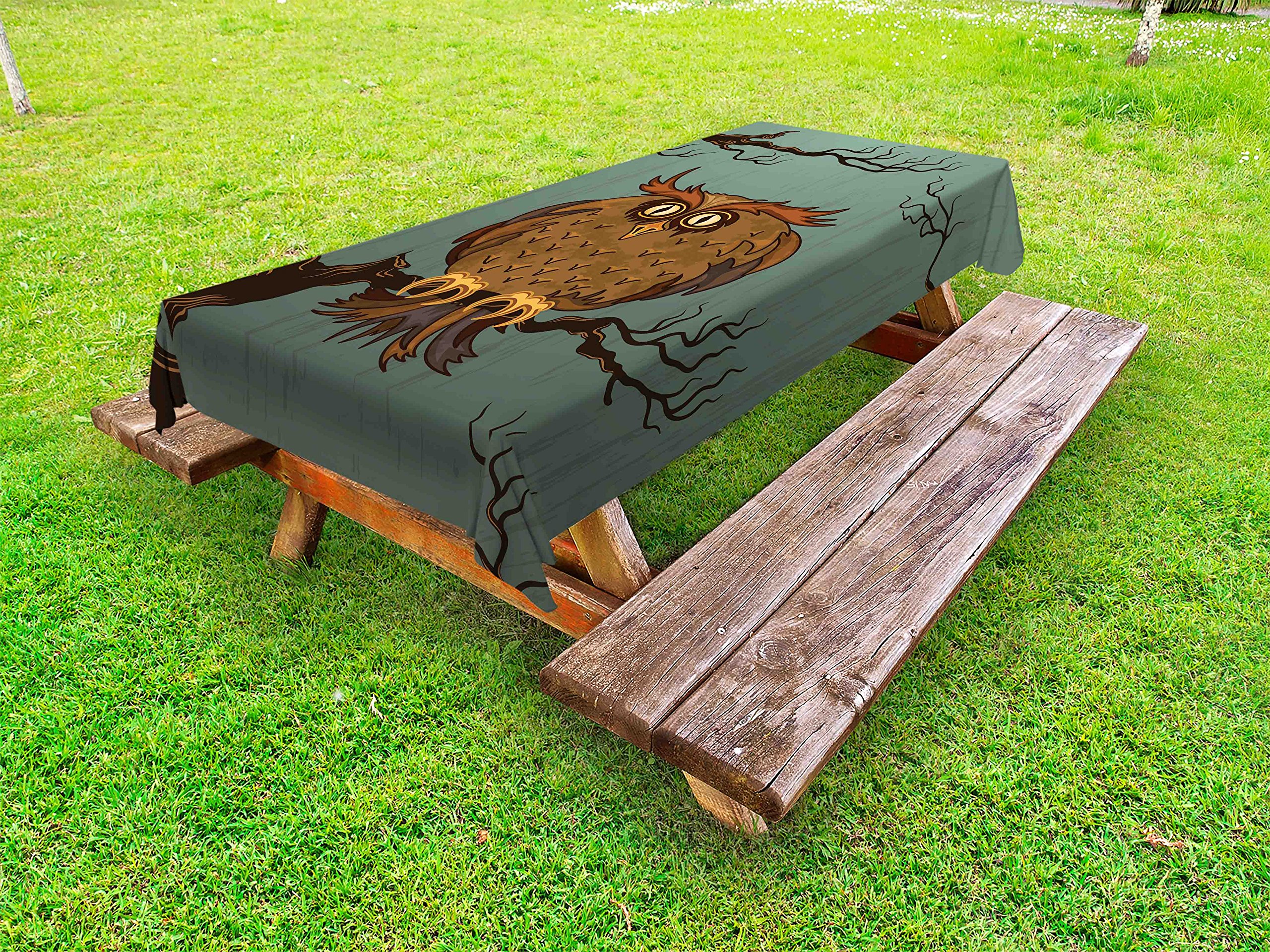Ambesonne Owl Outdoor Tablecloth - Funny Cartoon Owl in Oak Tree Design, Washable Picnic Table Cover 58x84 Inches, Blue & Brown - Perfect for Garden Parties, BBQs, and Outdoor Dining