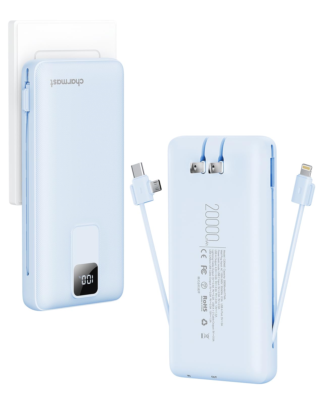 Charmast 20000mAh Portable Charger with Built-in Cables & Wall Plug - 20W Fast Charging Power Bank for iPhone 16/15/14/13, Samsung, Google, iPad - Perfect for Travel, Camping & Emergency Power Backup