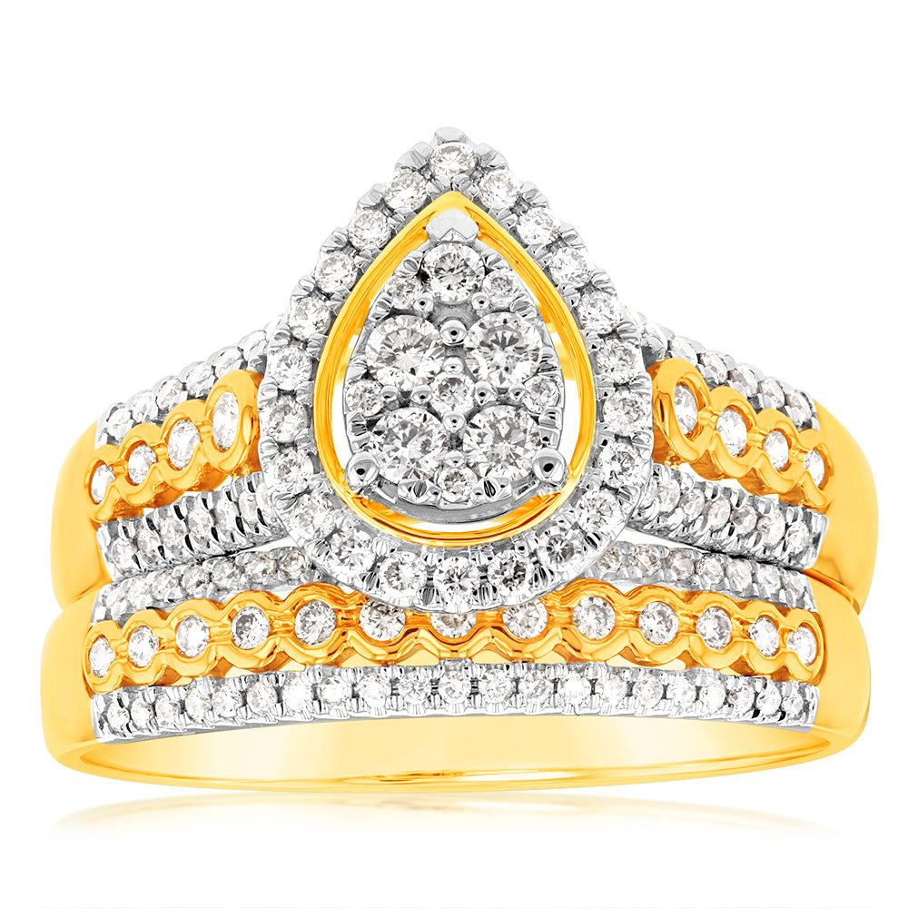 9ct Yellow Gold 3/4 Carat Diamond Bridal Ring Set - 124 Round Brilliant Cut Diamonds for Engagement, Wedding & Anniversary Gifts
