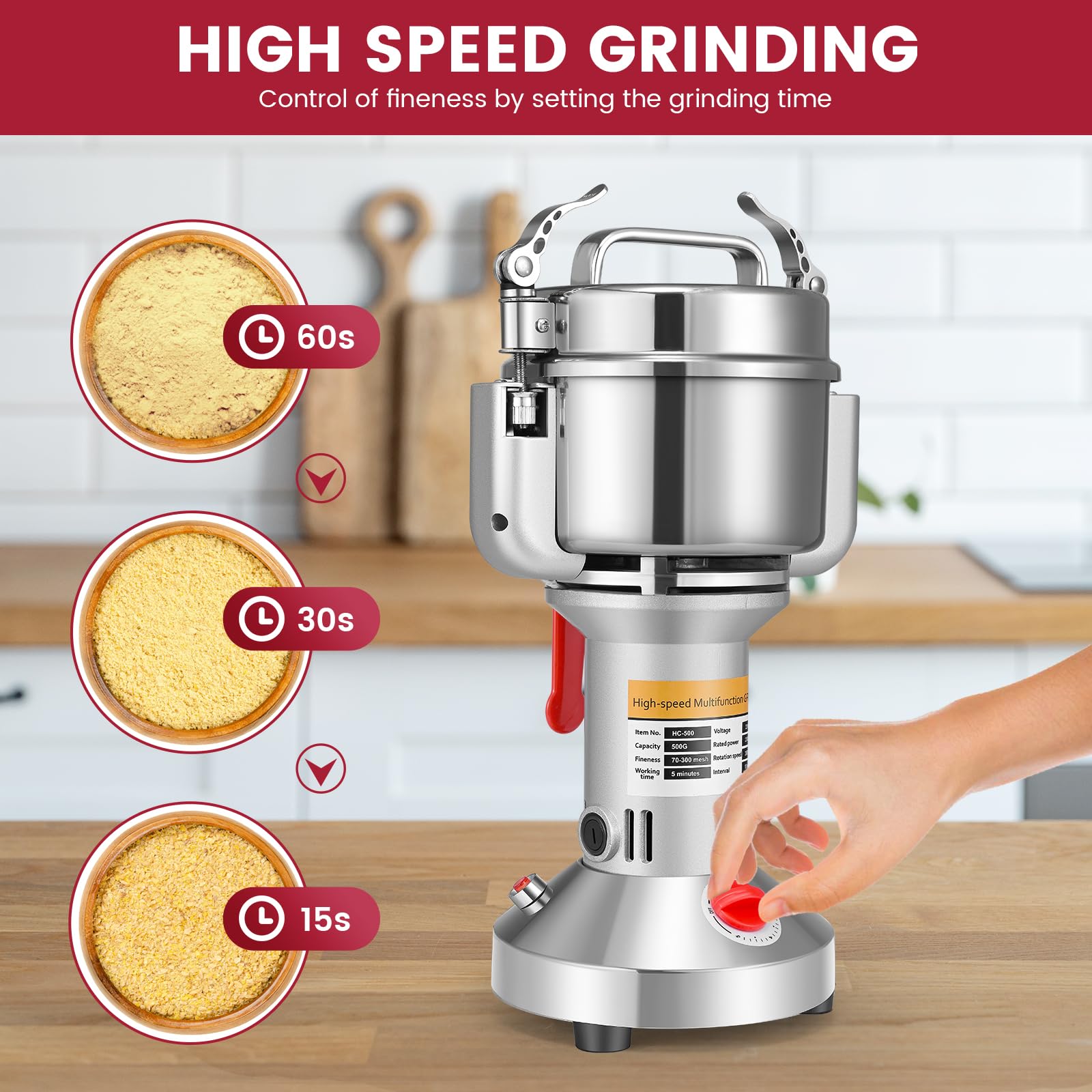 850W Electric Grain Grinder - 500g Portable Mill for Cereals, Herbs, Spices & Nuts with 3 Blades | Perfect for Home Kitchen, Coffee Shops & Baking Enthusiasts